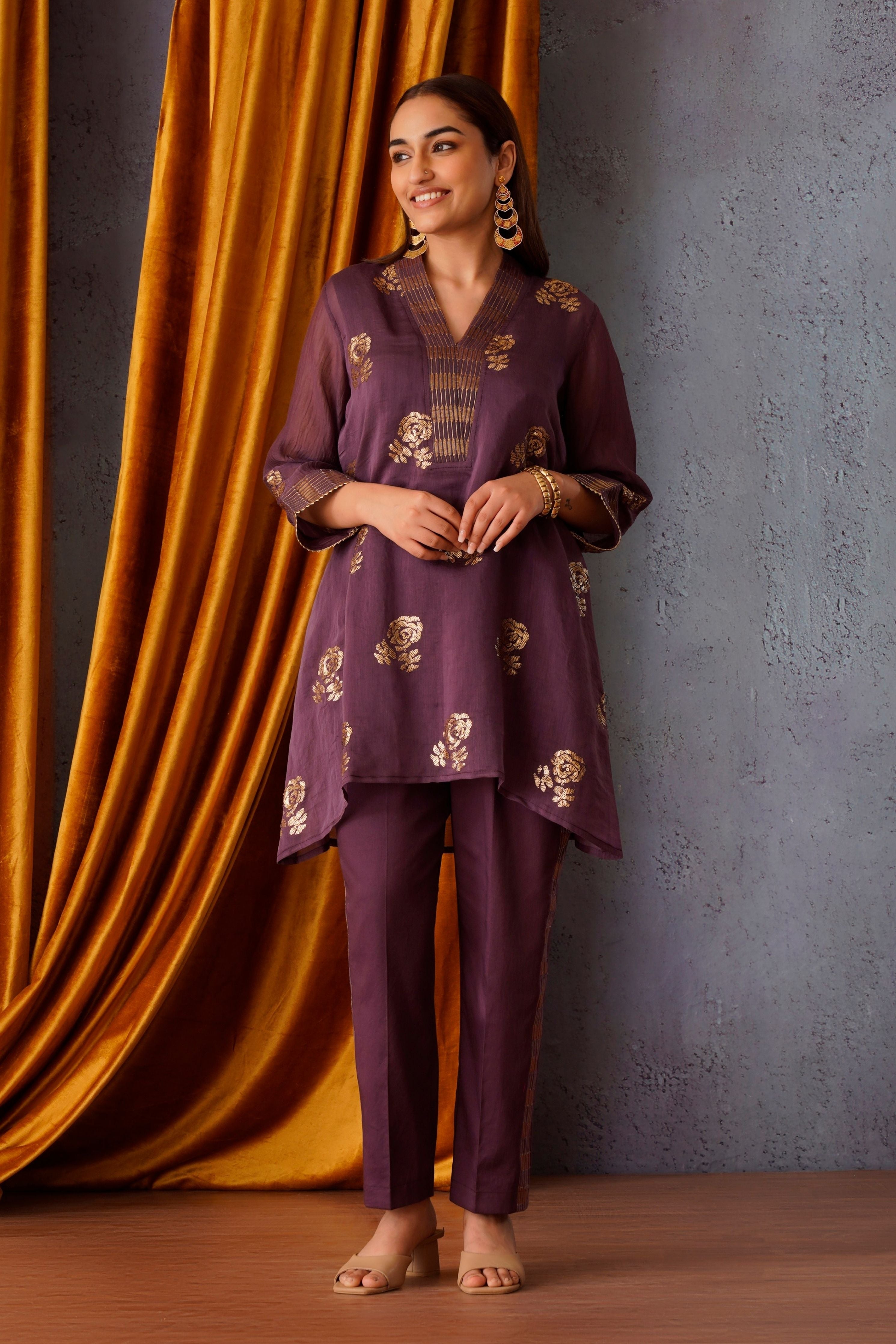 Wine Sequin Embroidered Co-Ord set