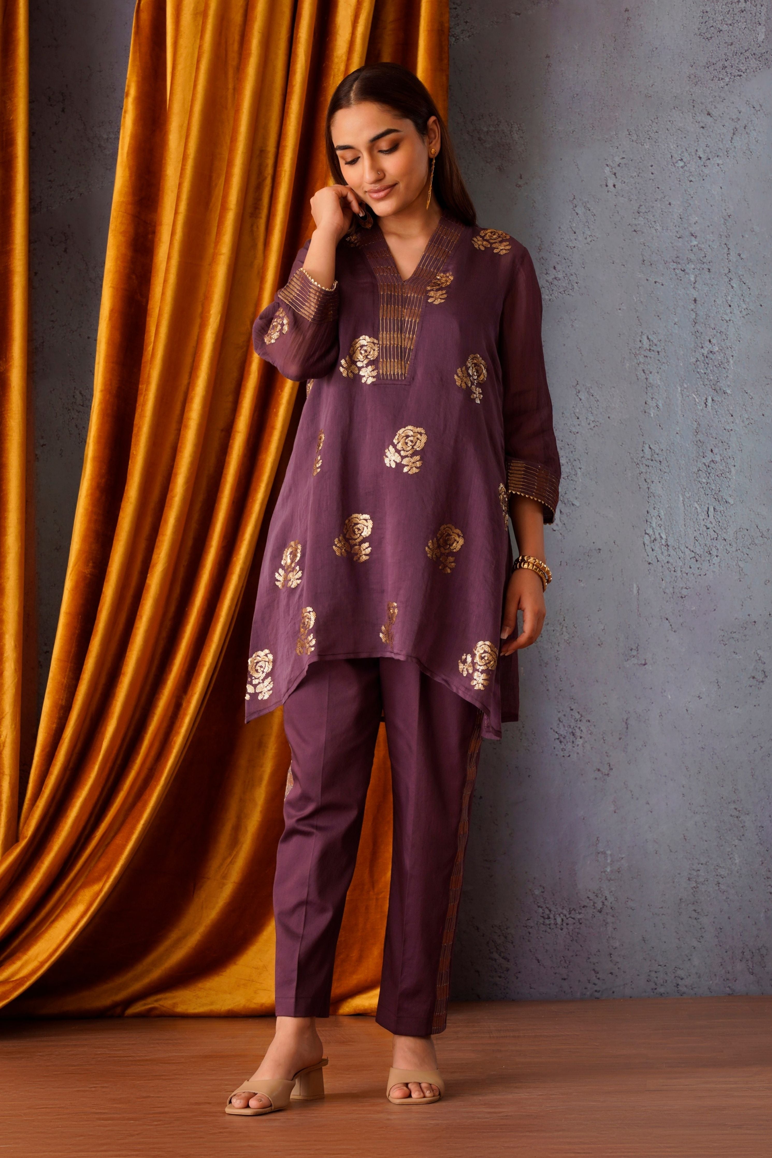 Wine Sequin Embroidered Co-Ord set