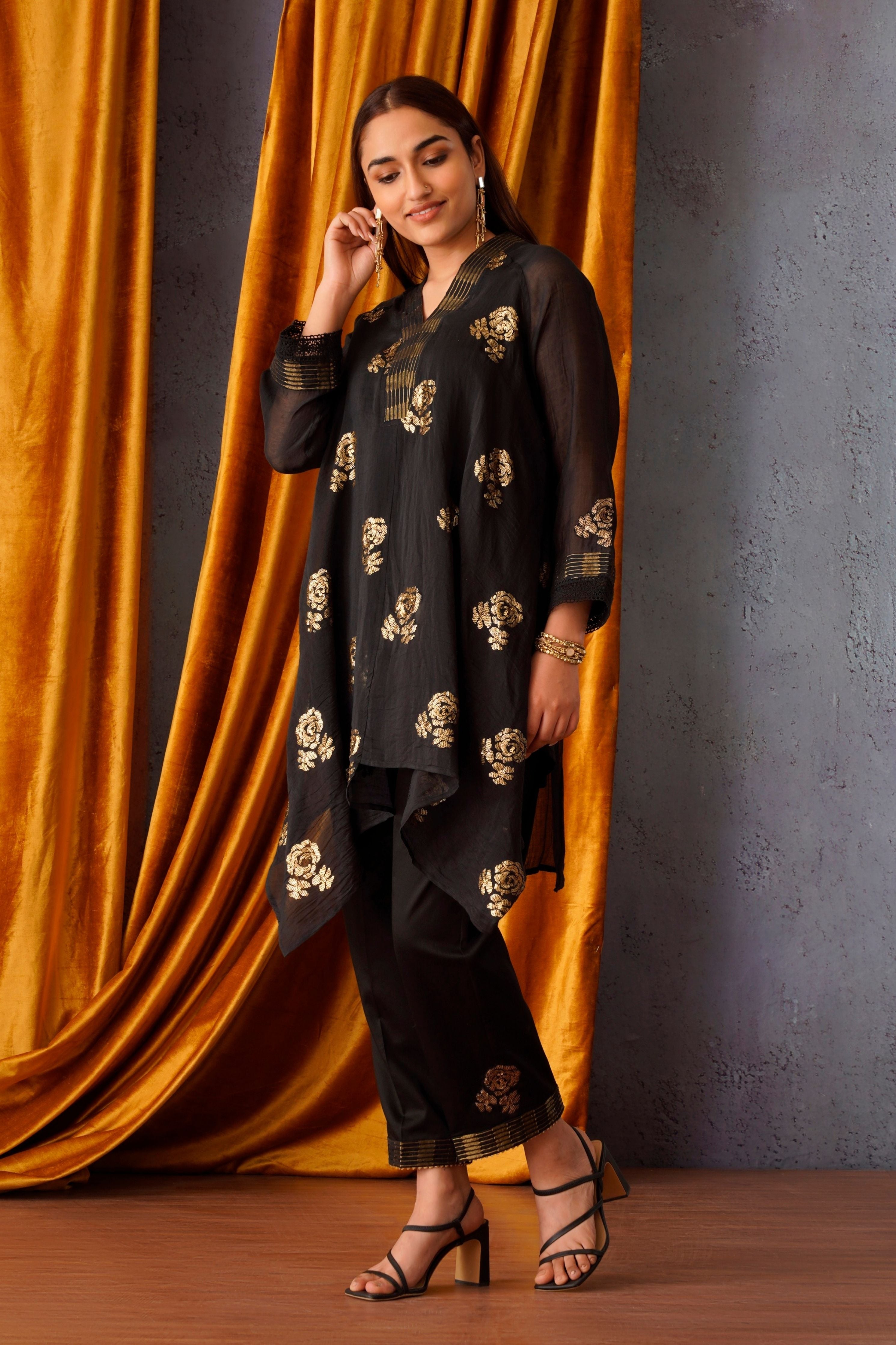 Sequin Embroidered Asymmetric Tunic Set