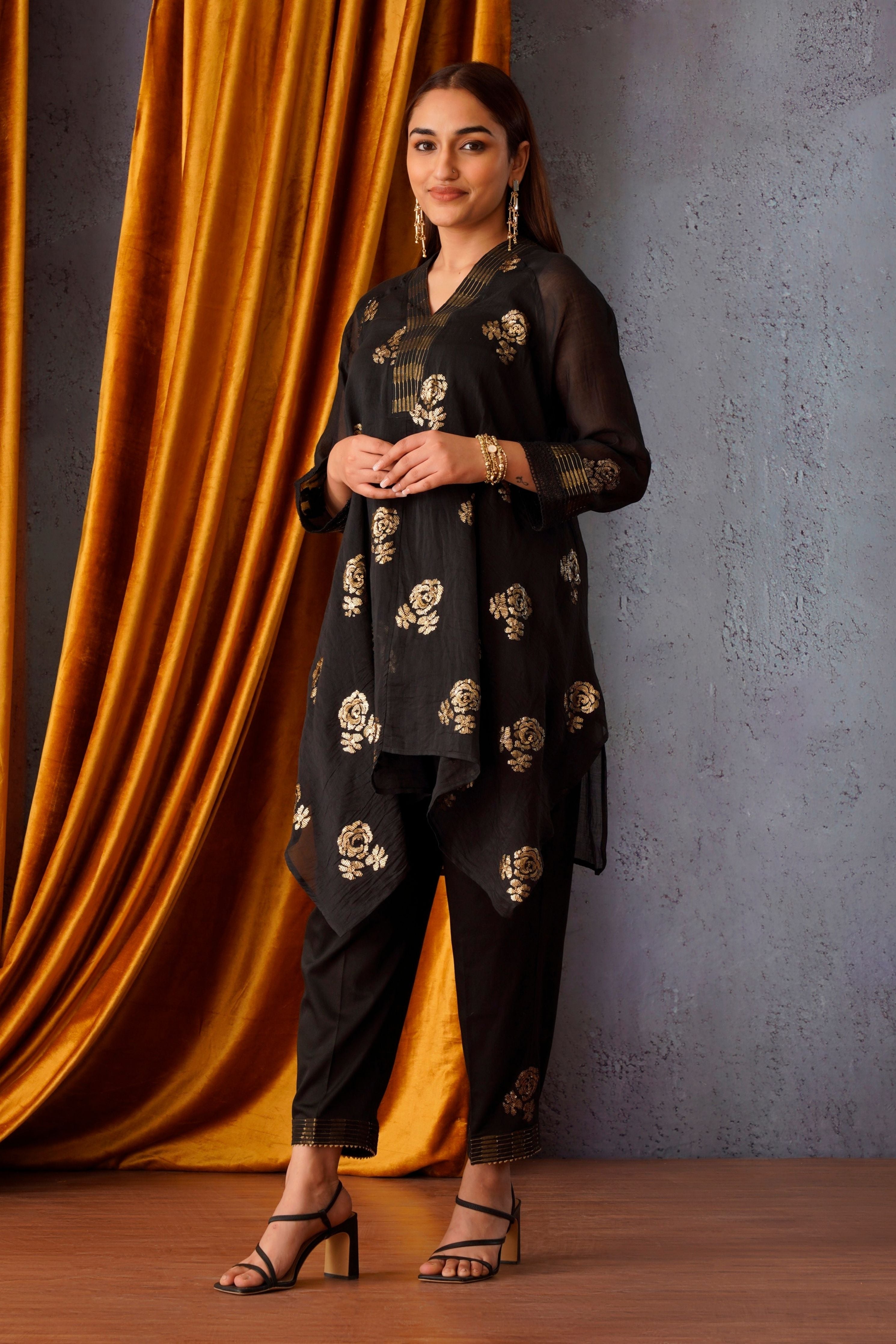 Sequin Embroidered Asymmetric Tunic Set