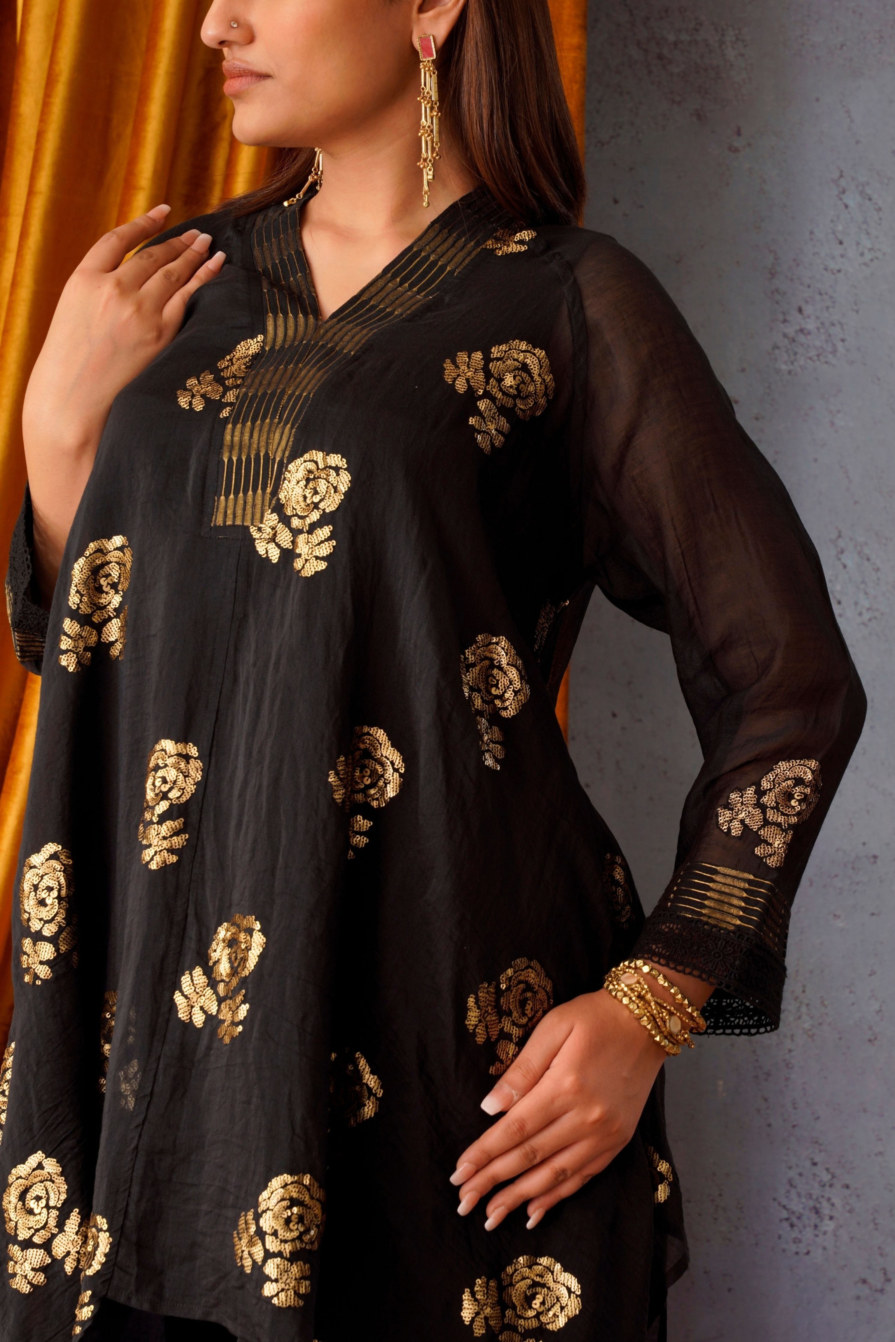 Sequin Embroidered Asymmetric Tunic Set