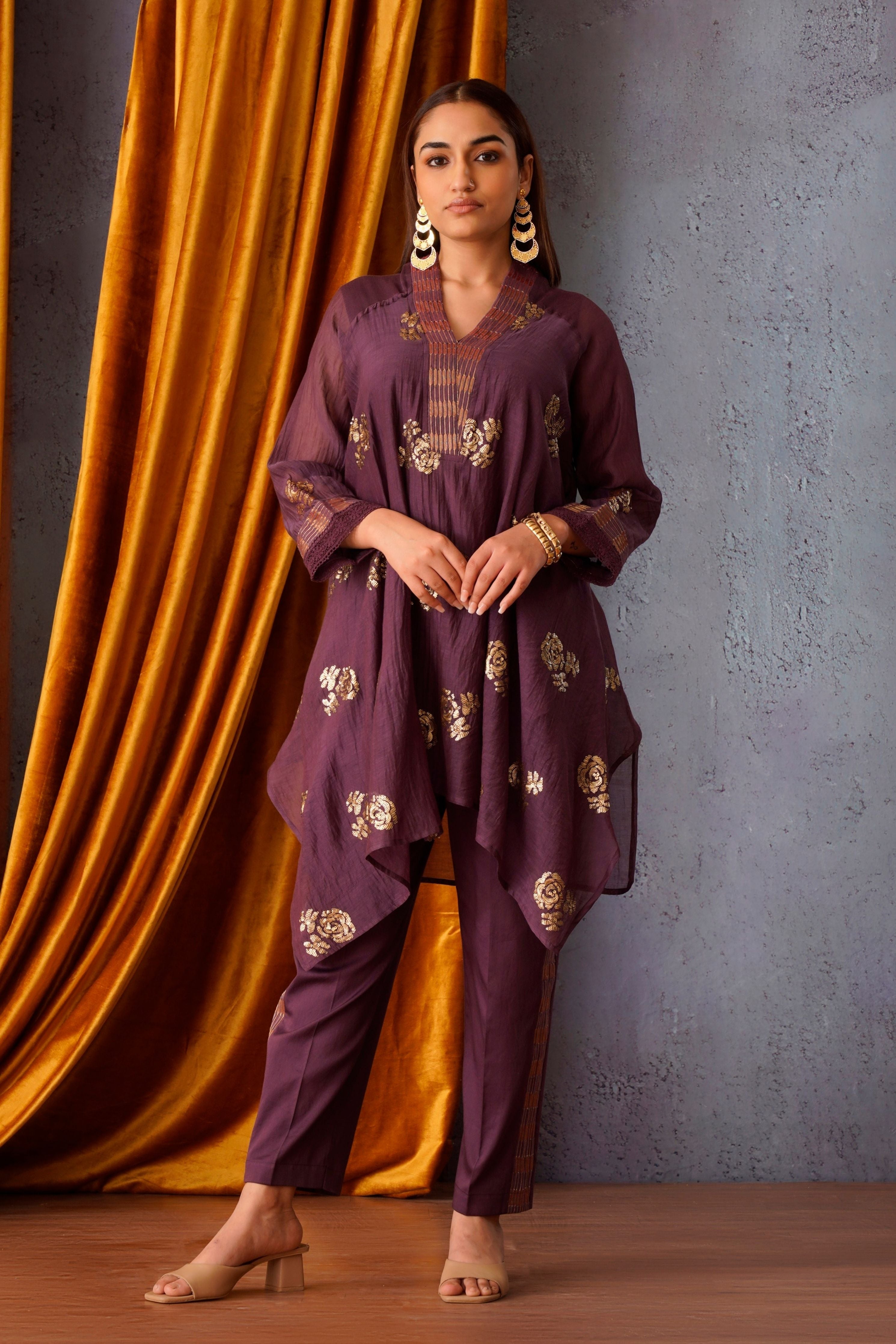 Sequin embroidered asymmetric tunic set