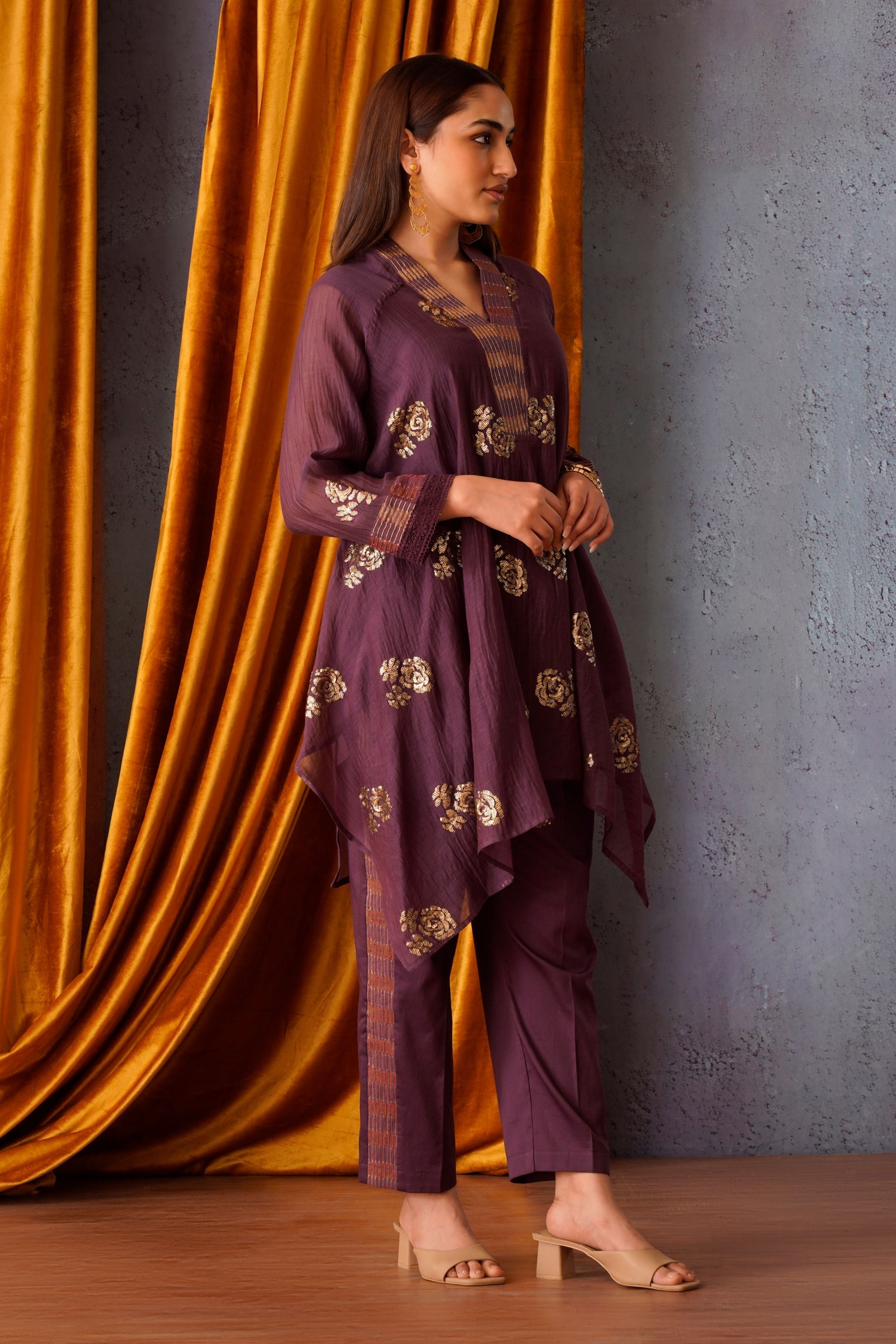 Sequin embroidered asymmetric tunic set