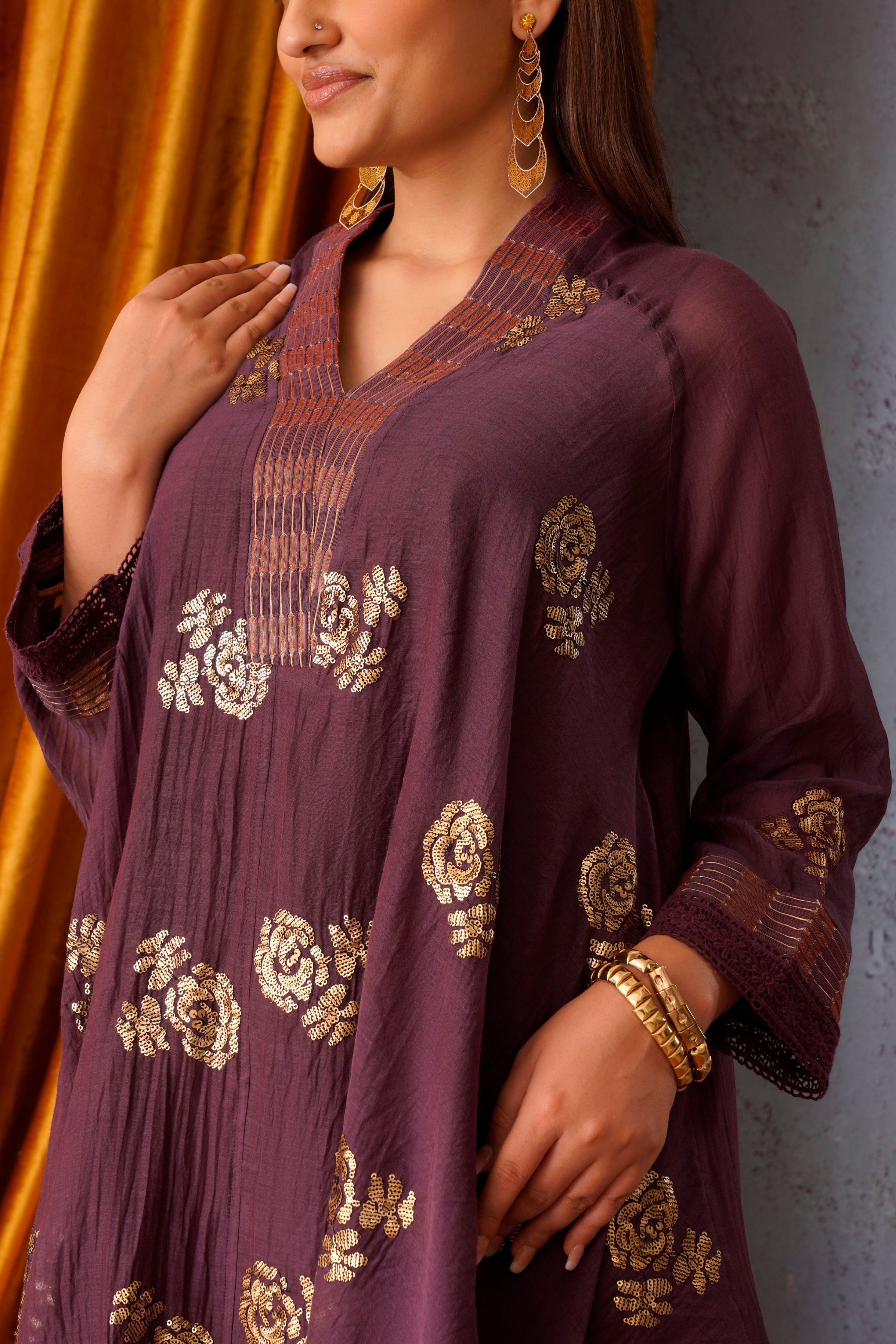 Sequin embroidered asymmetric tunic set