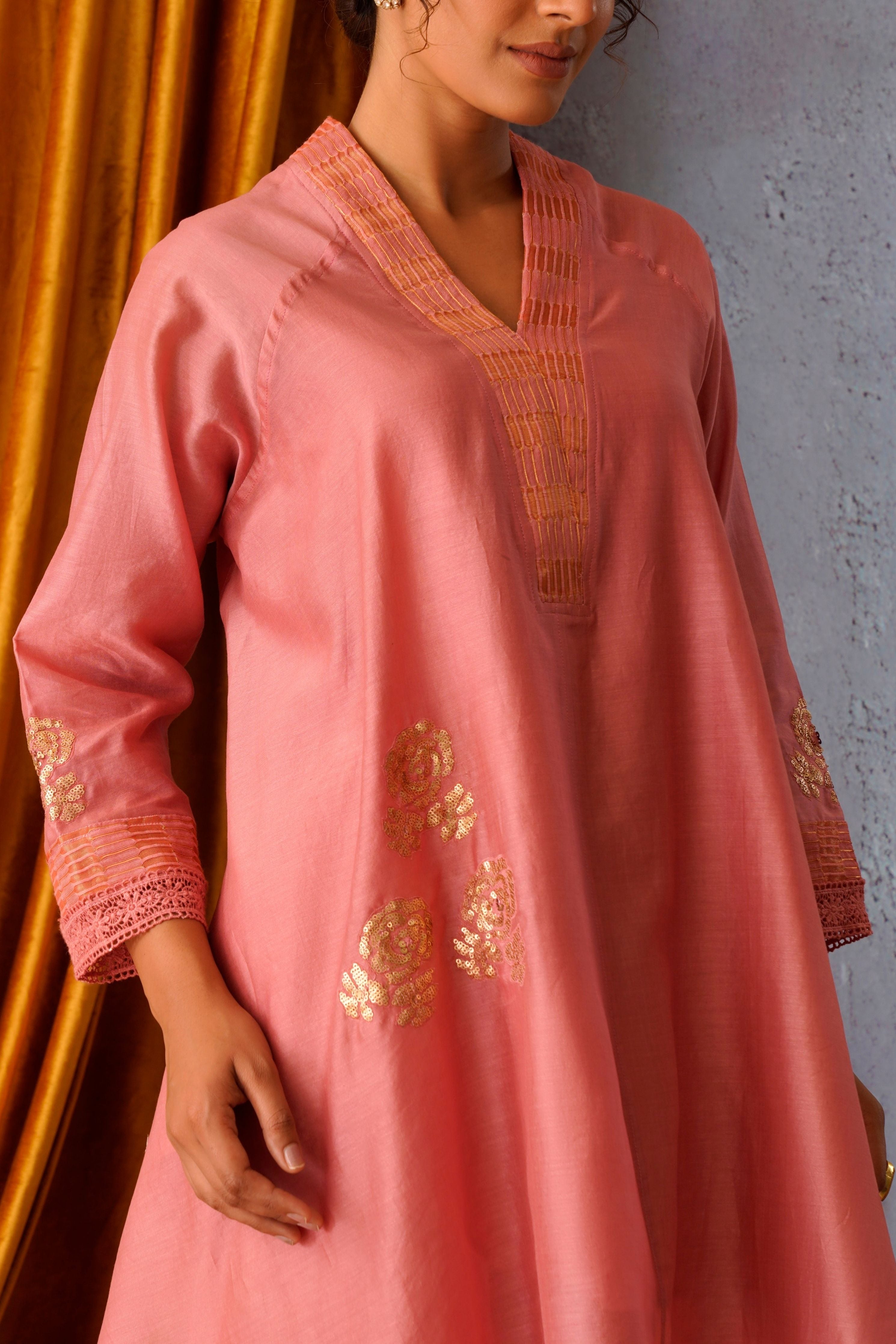 Pink Flower Patch Embroidered Asymmetric Tunic Set
