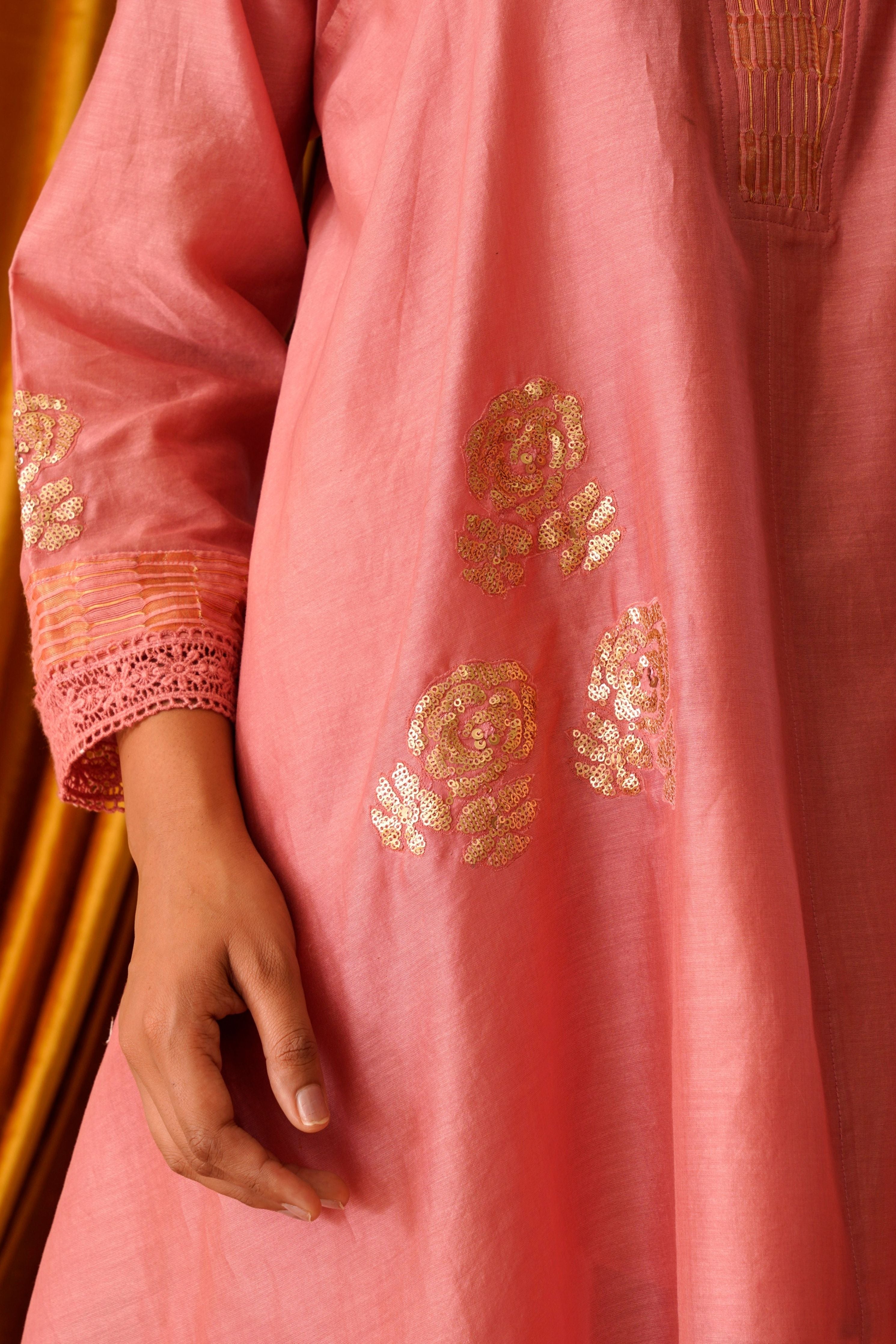 Pink Flower Patch Embroidered Asymmetric Tunic Set
