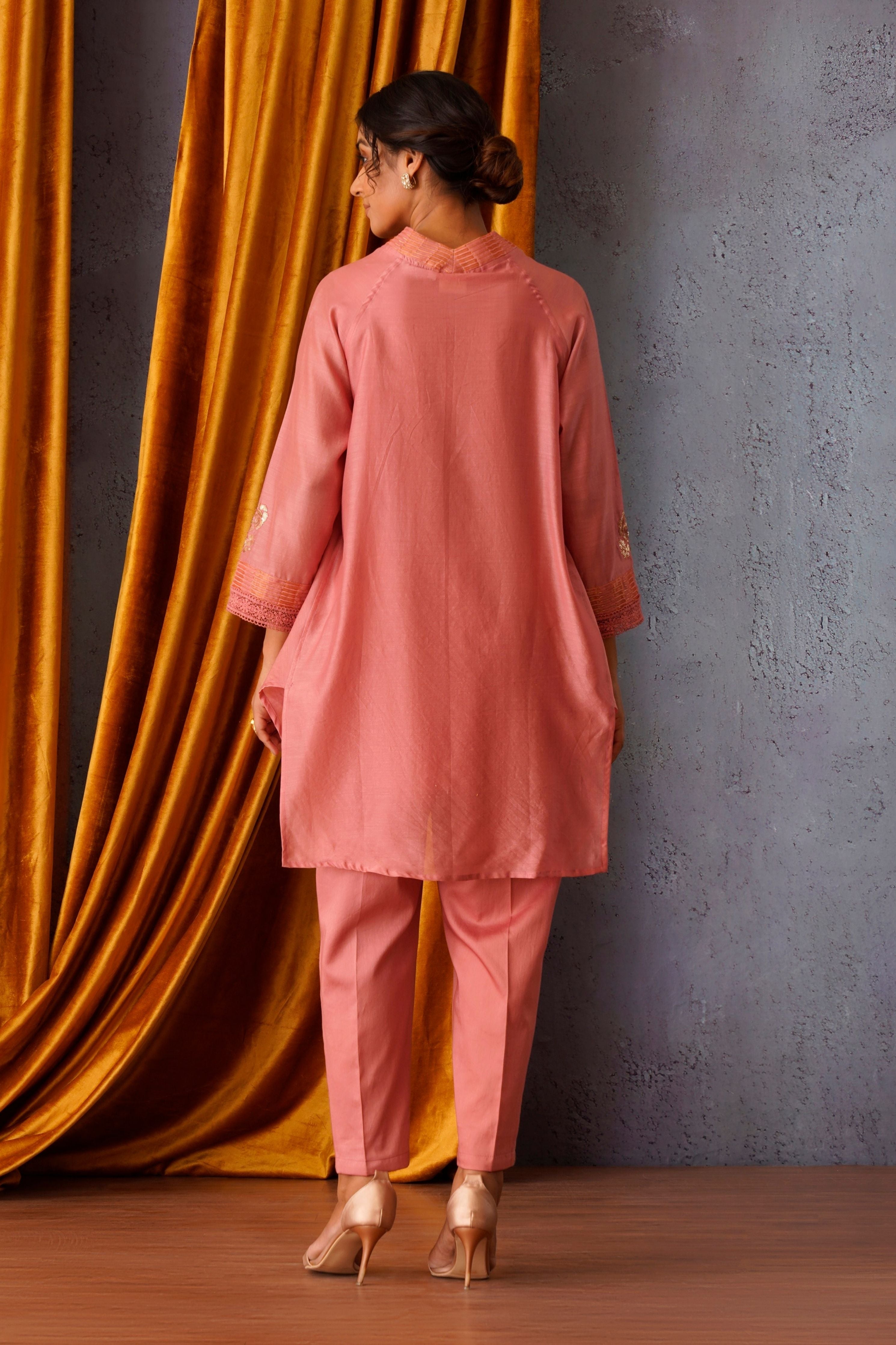 Pink Flower Patch Embroidered Asymmetric Tunic Set