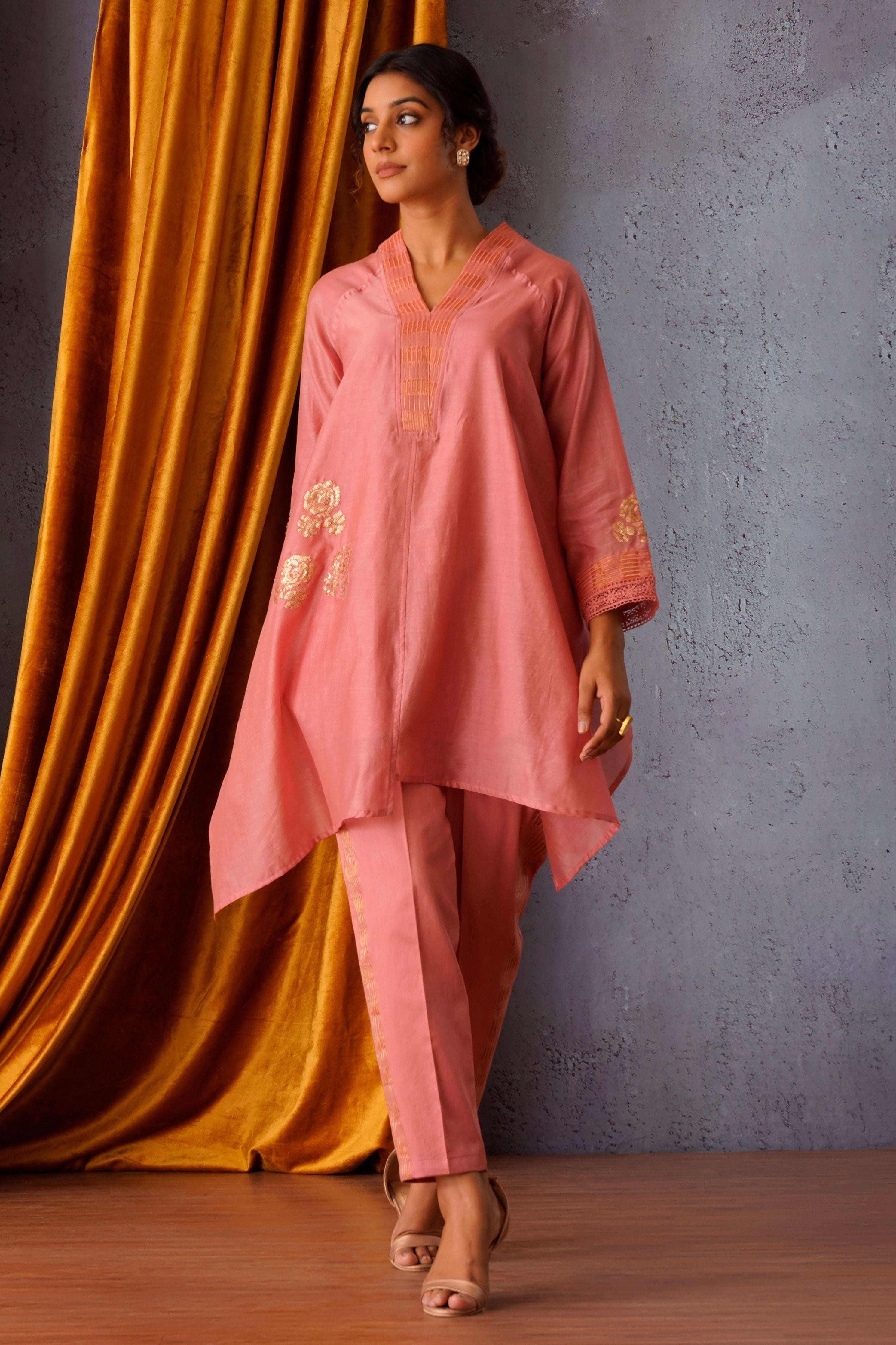 Pink Flower Patch Embroidered Asymmetric Tunic Set