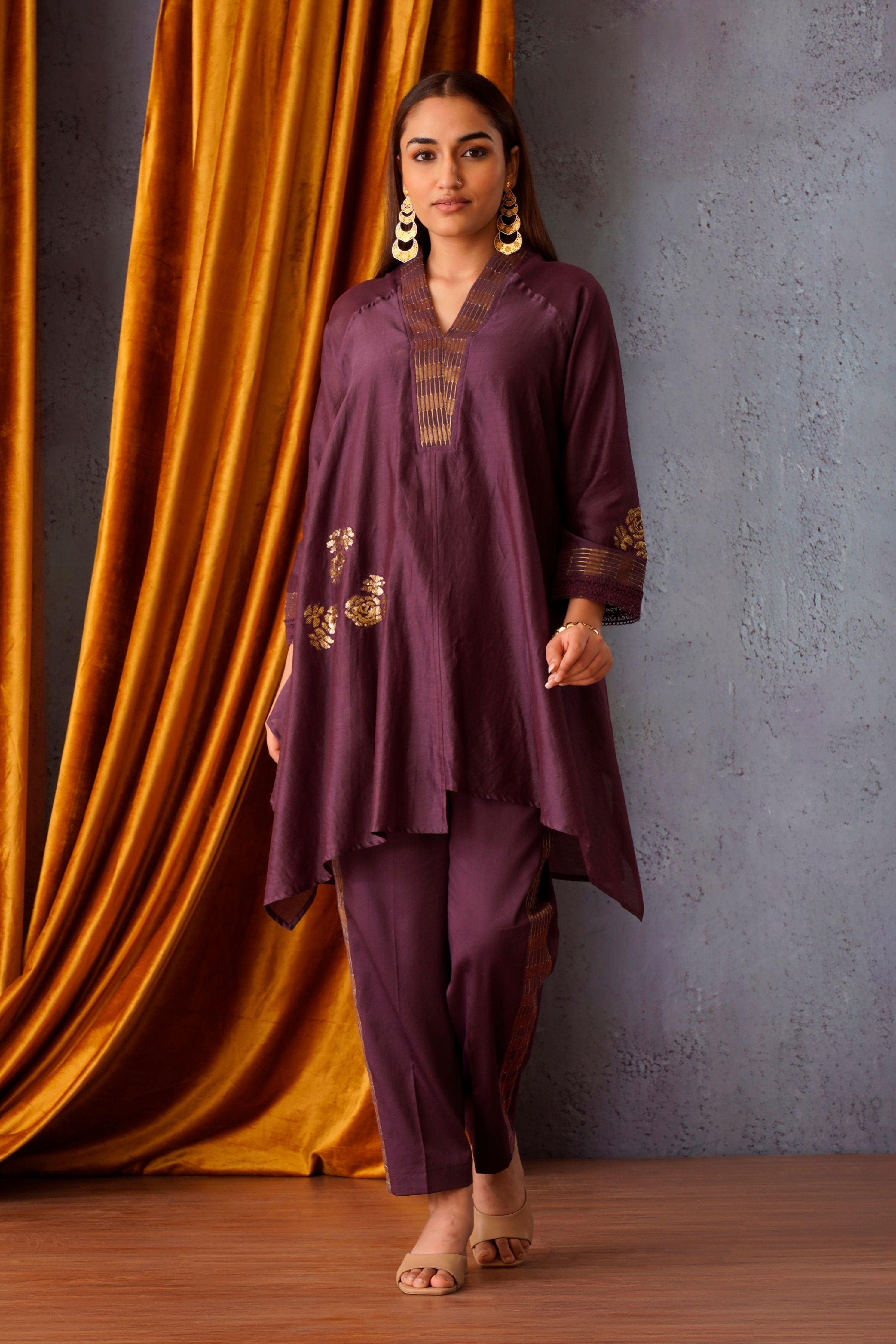 Wine Embroidered Asymmetric Tunic Set.