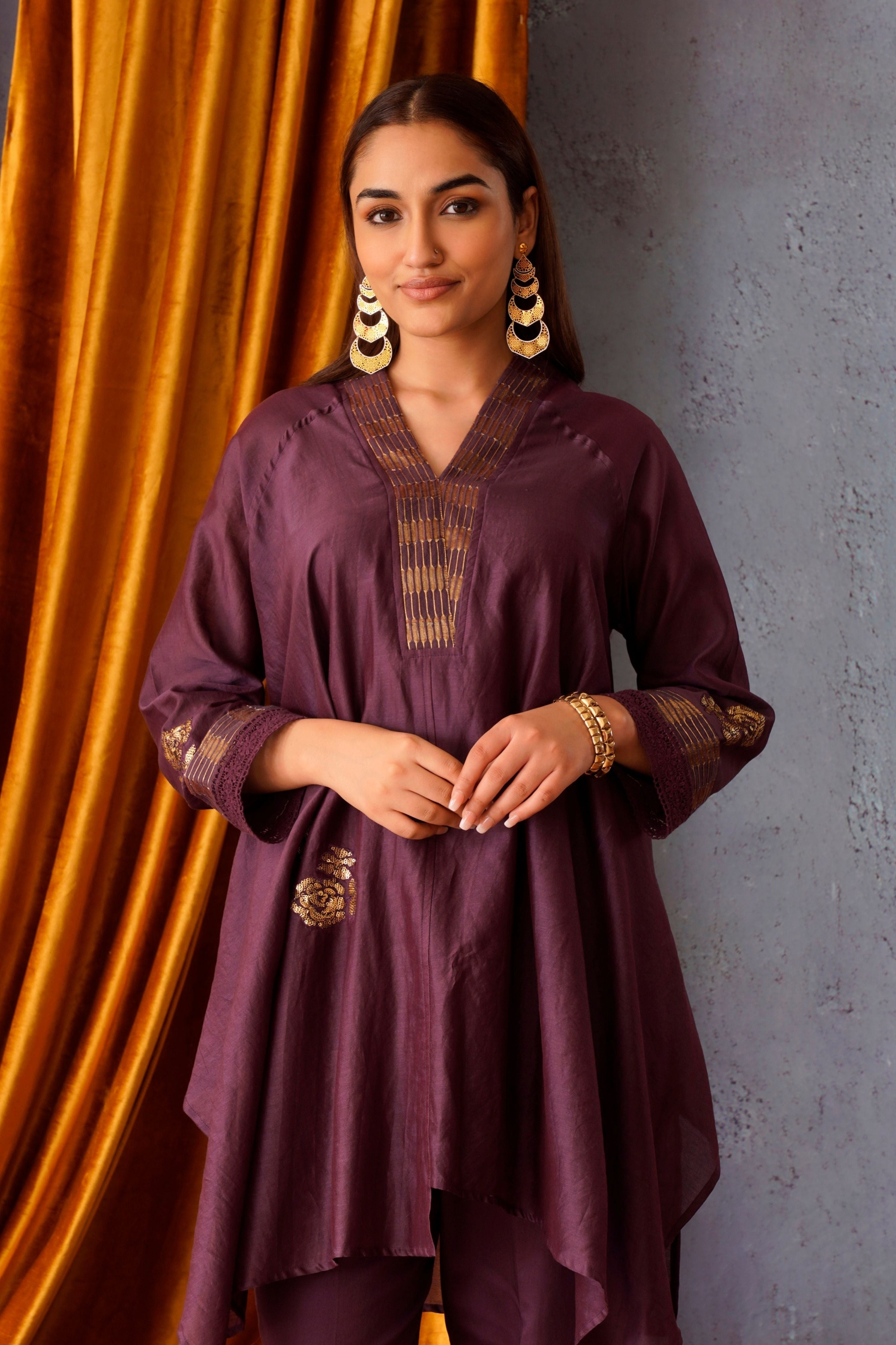 Wine Embroidered Asymmetric Tunic Set.