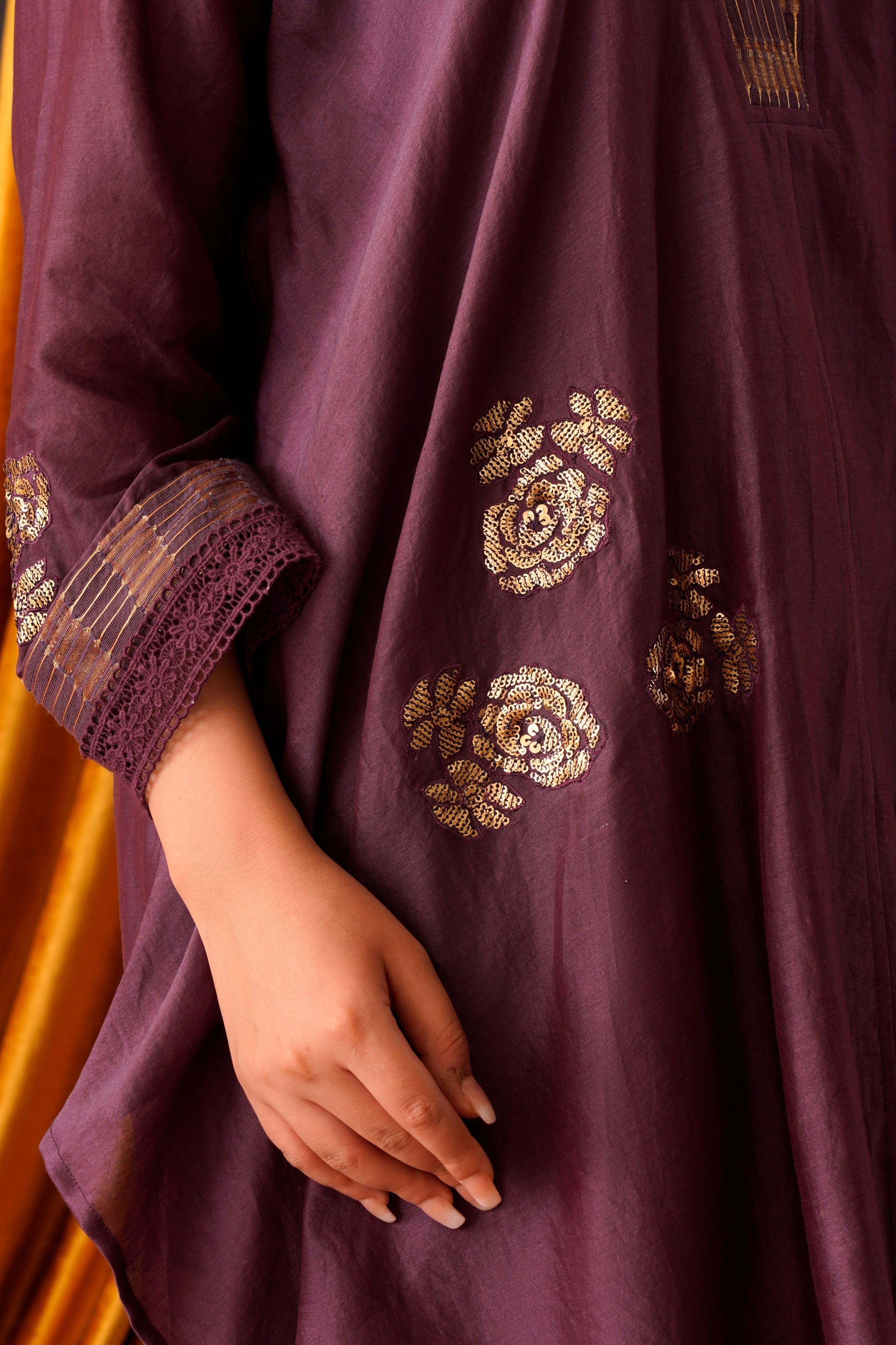 Wine Embroidered Asymmetric Tunic Set.