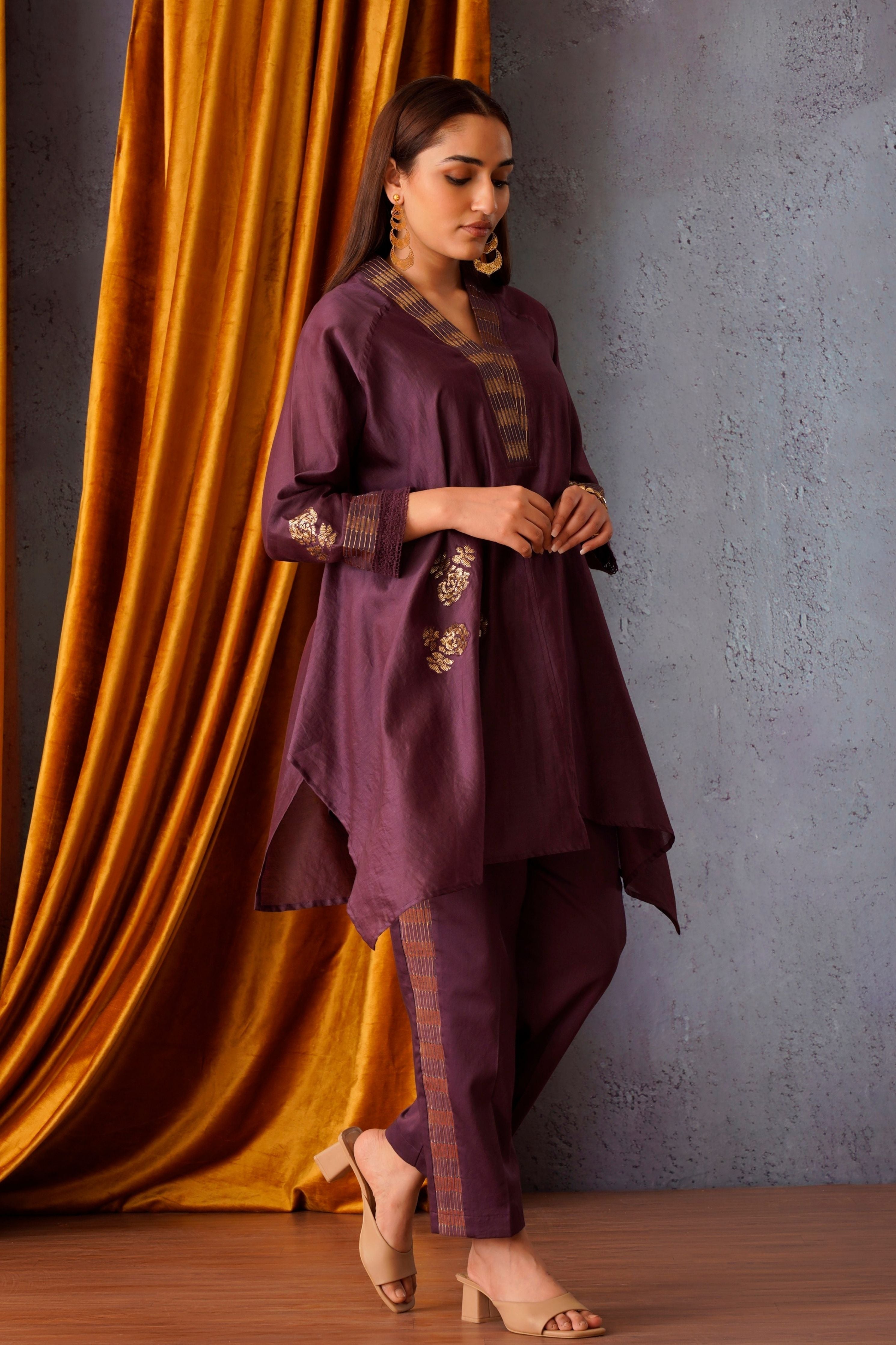 Wine Embroidered Asymmetric Tunic Set.