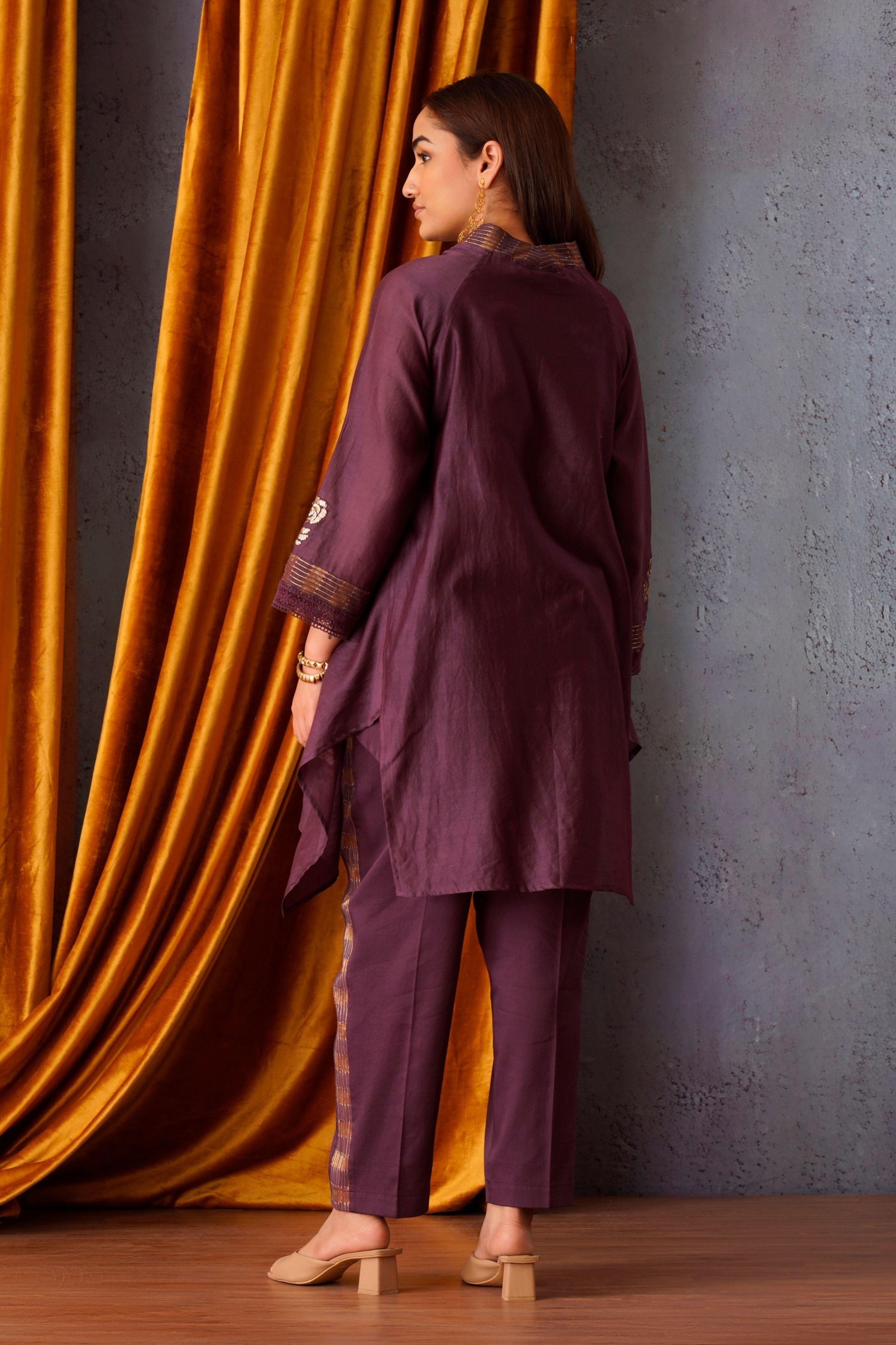 Wine Embroidered Asymmetric Tunic Set.