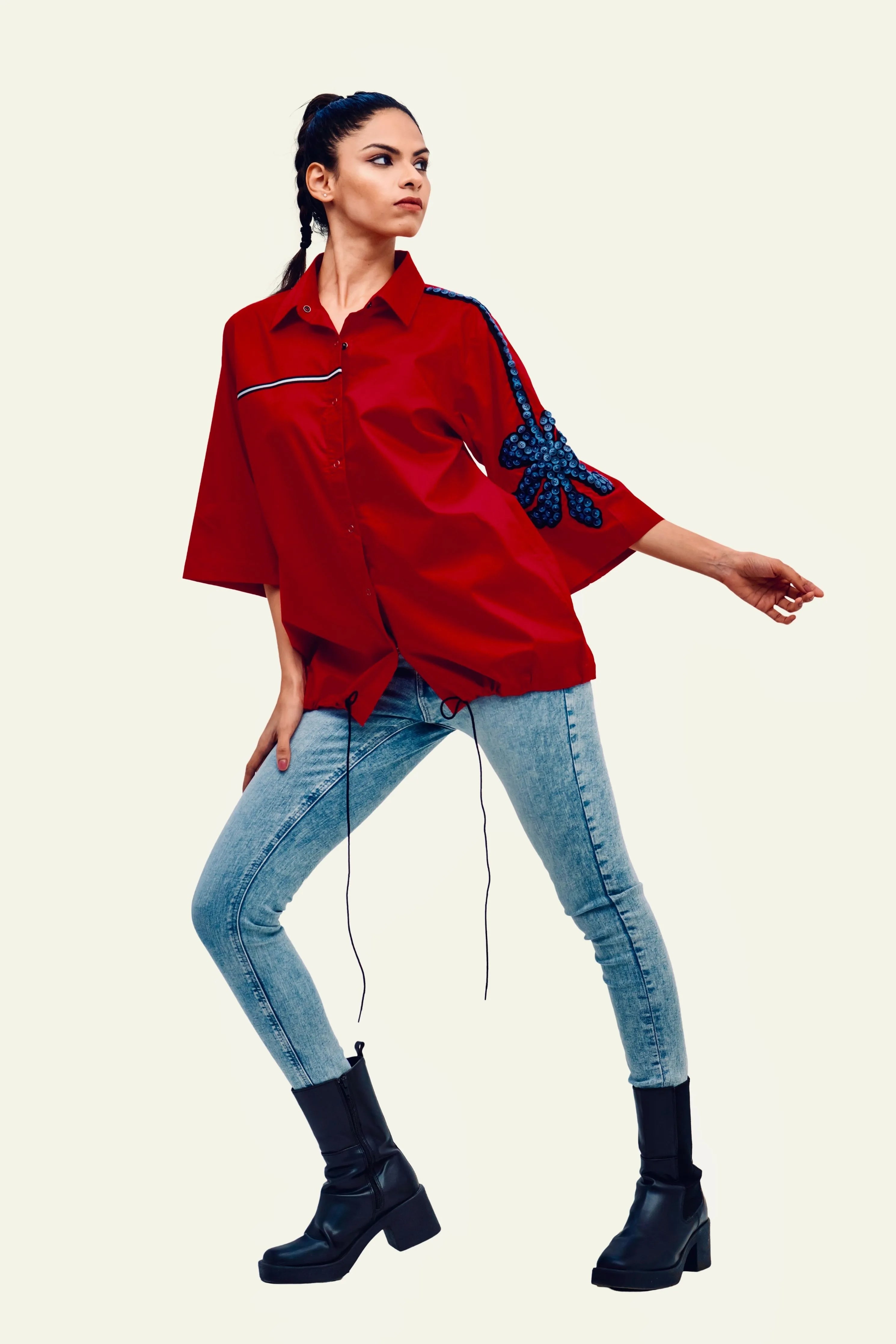 Red Cotton Shirt with Embroidery