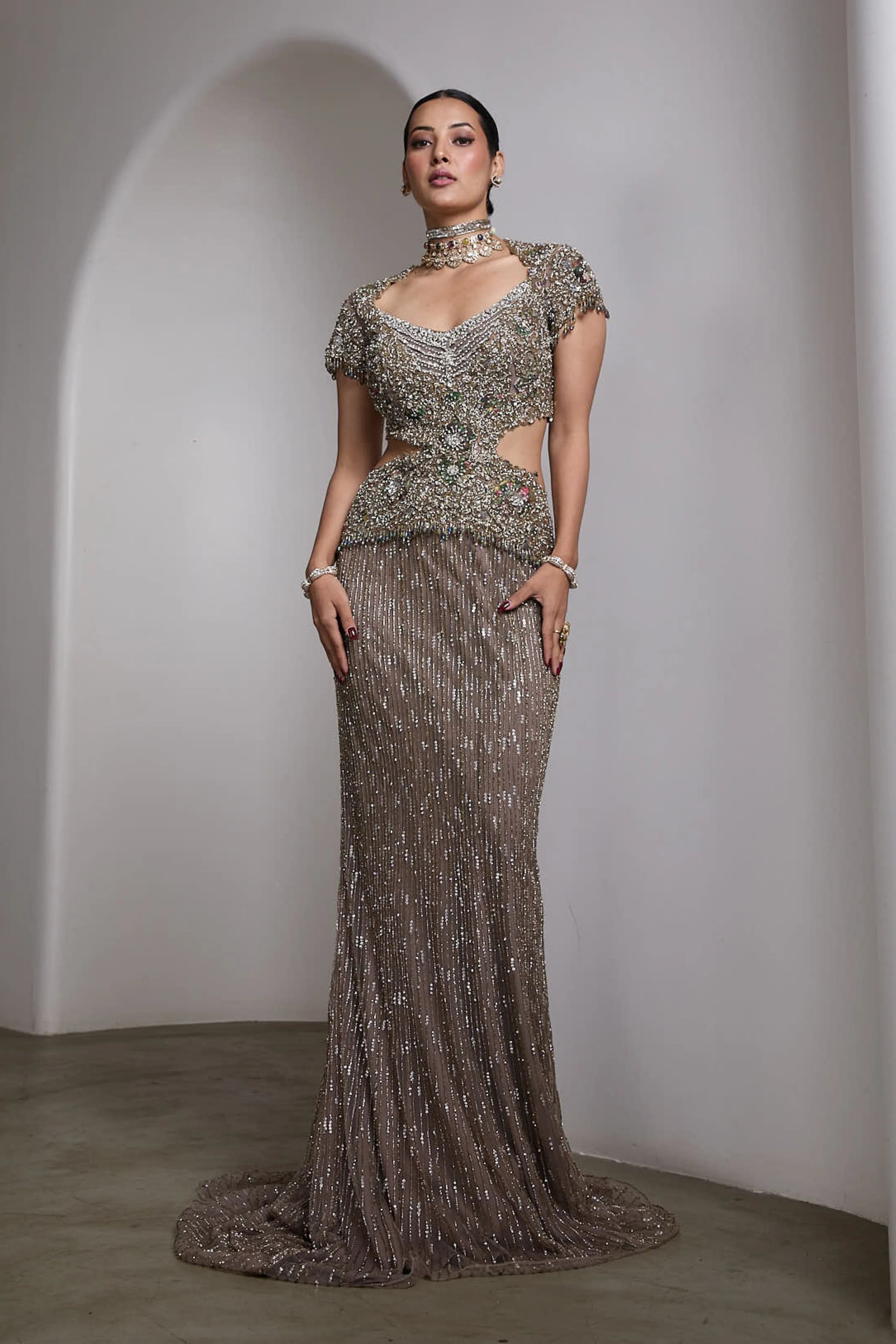Nude Sequin Embellished Gown