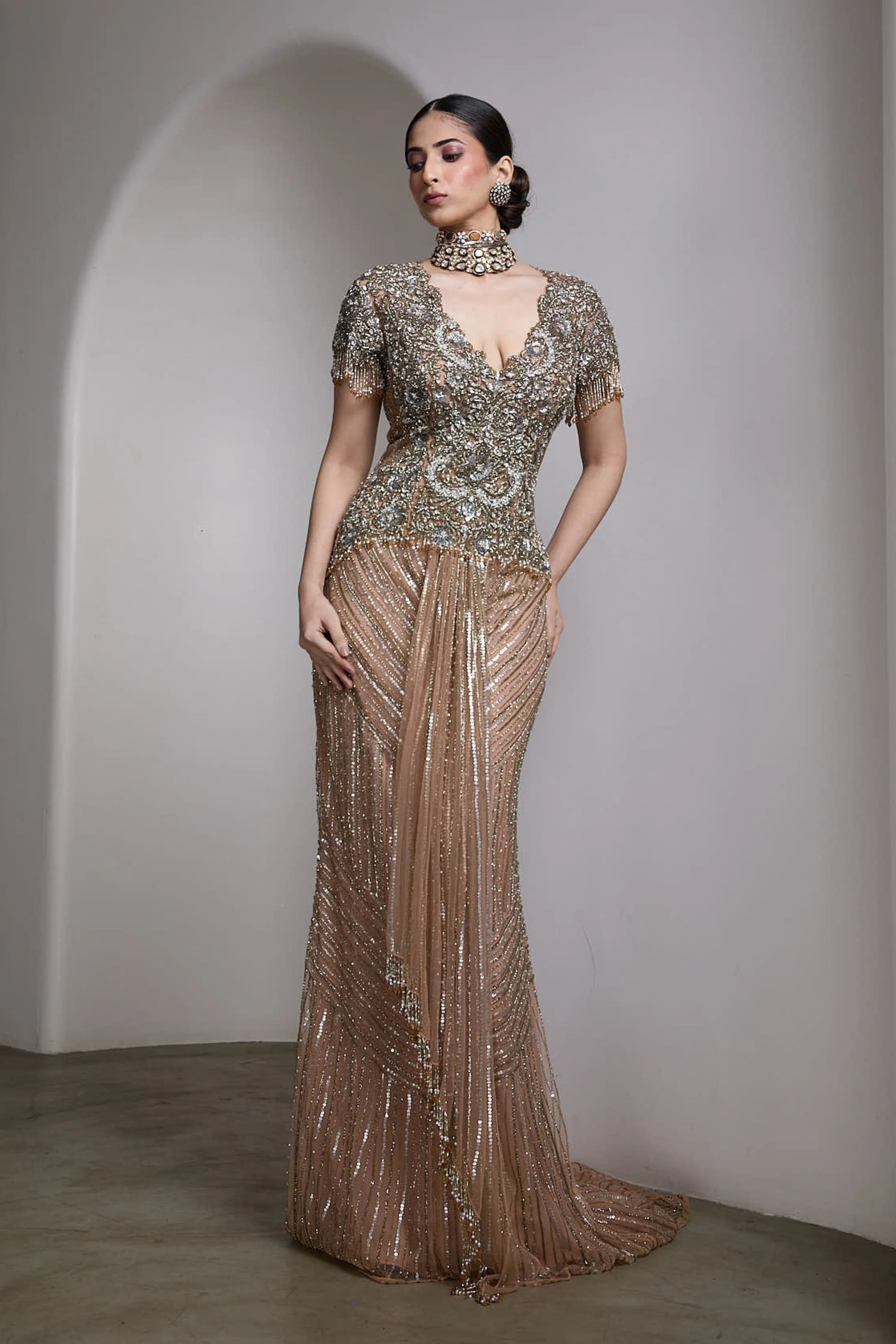 V-Neck Embroidered Gown