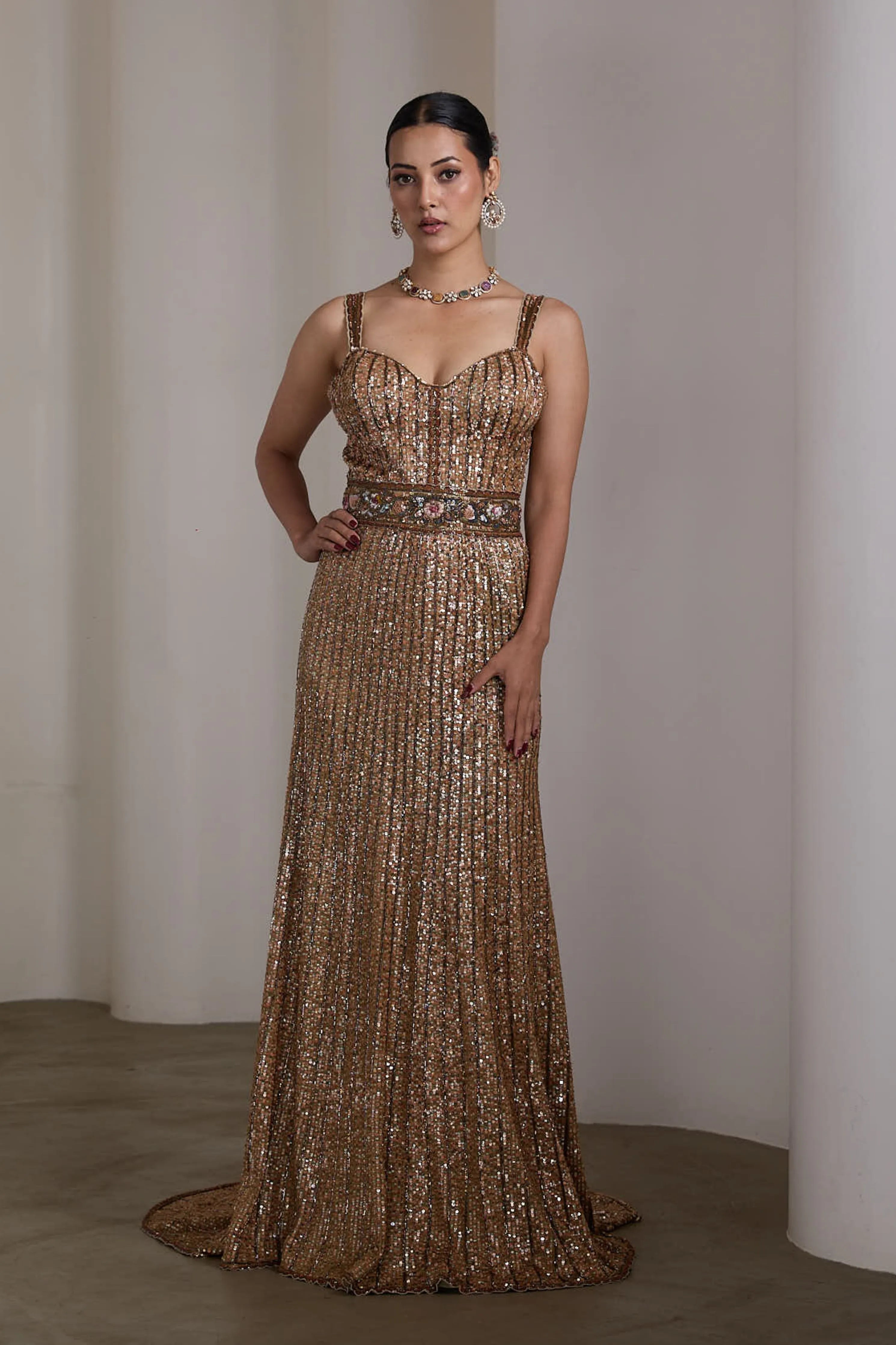 Gold Sequin Embroidered Gown