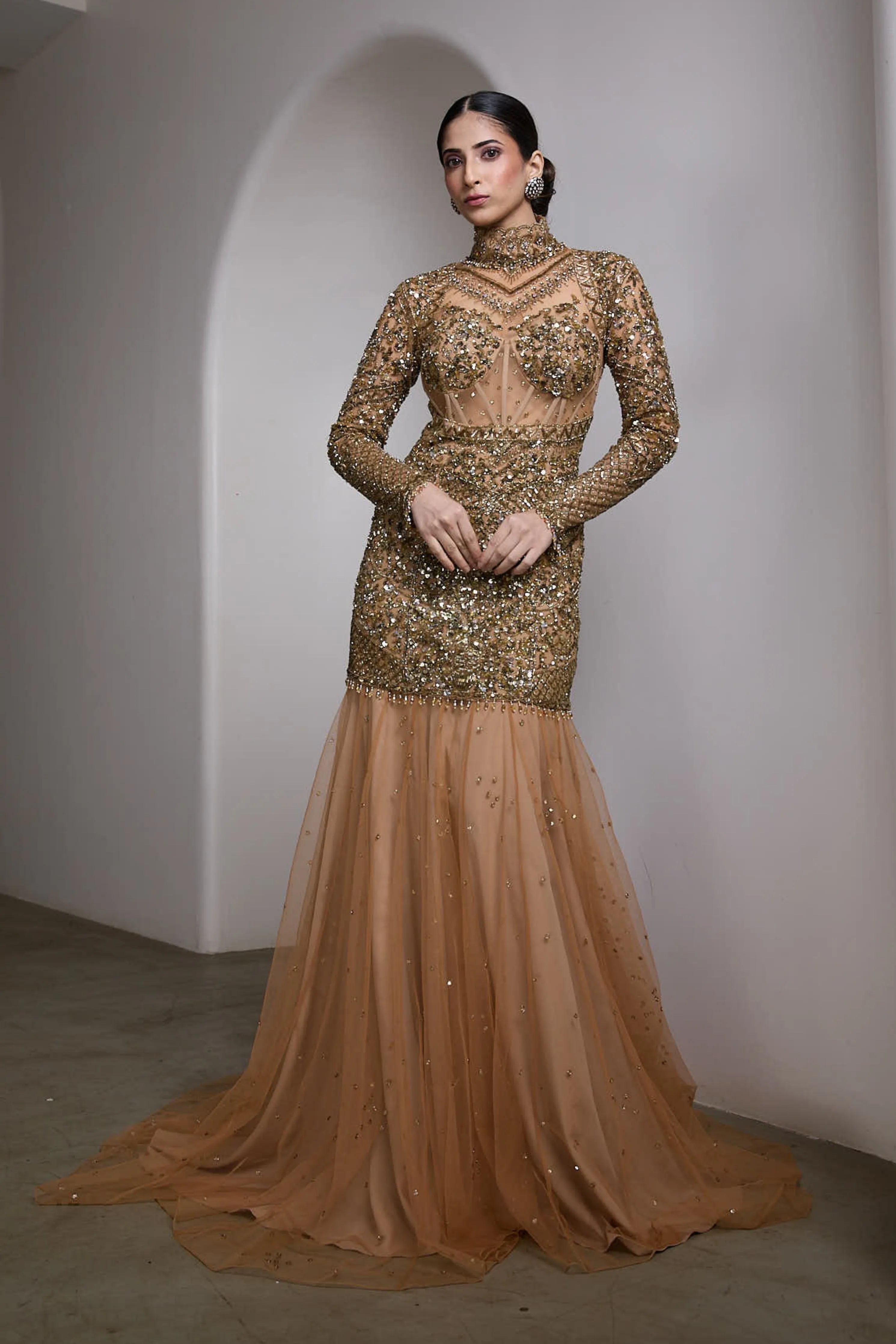 Nude High-Neck Embroidered Gown