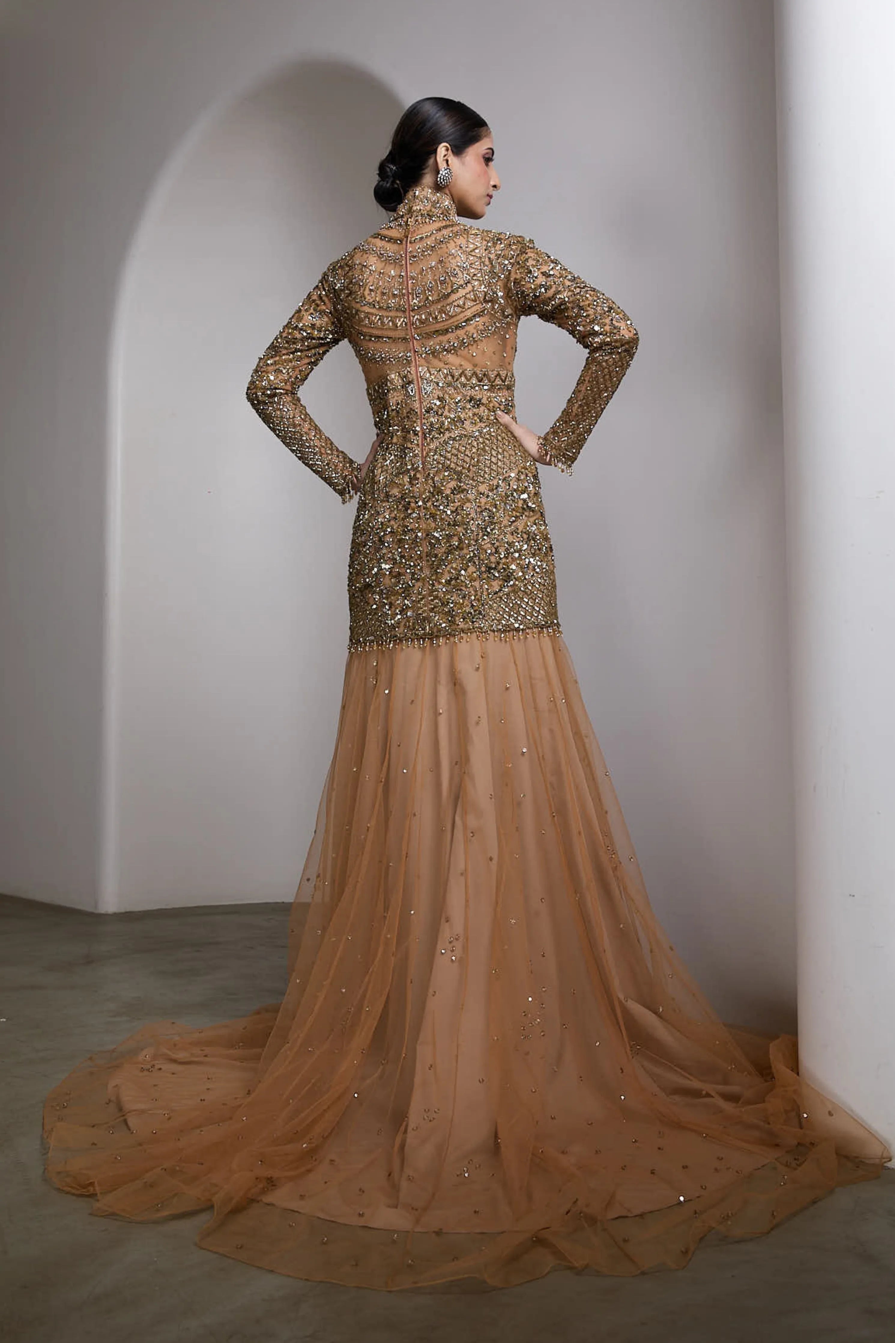 Nude High-Neck Embroidered Gown