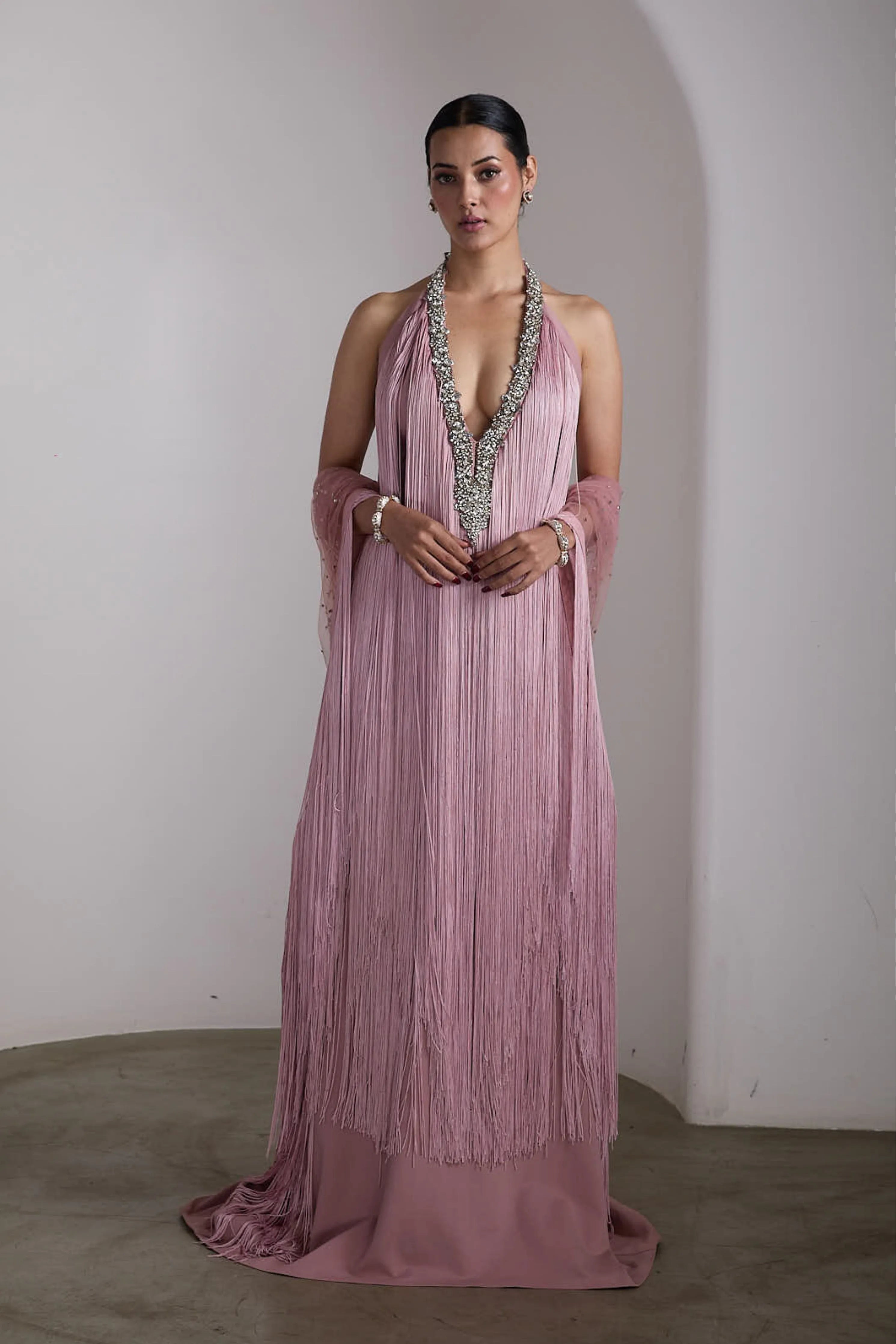 Pink Fringe Embellished Gown