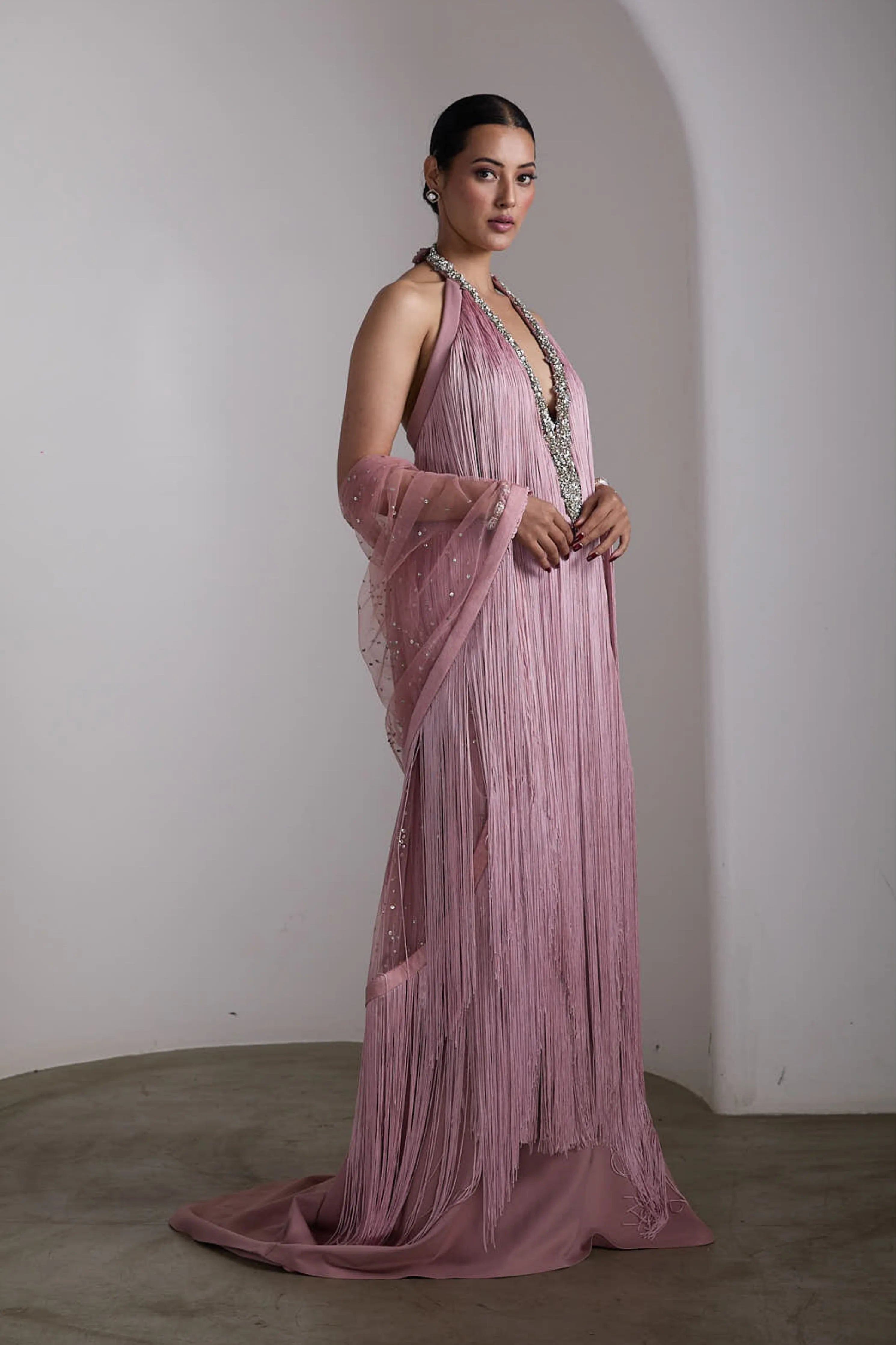Pink Fringe Embellished Gown
