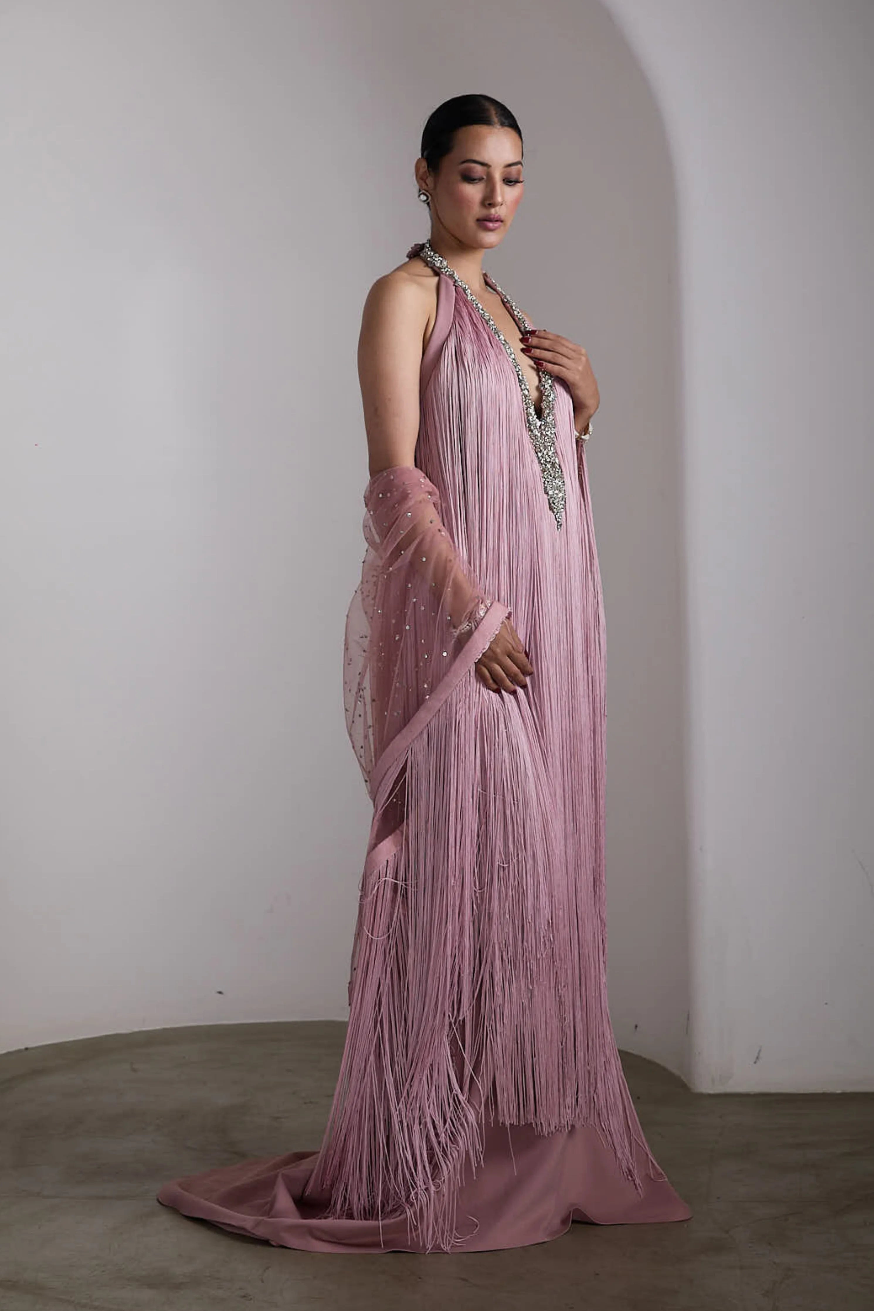 Pink Fringe Embellished Gown