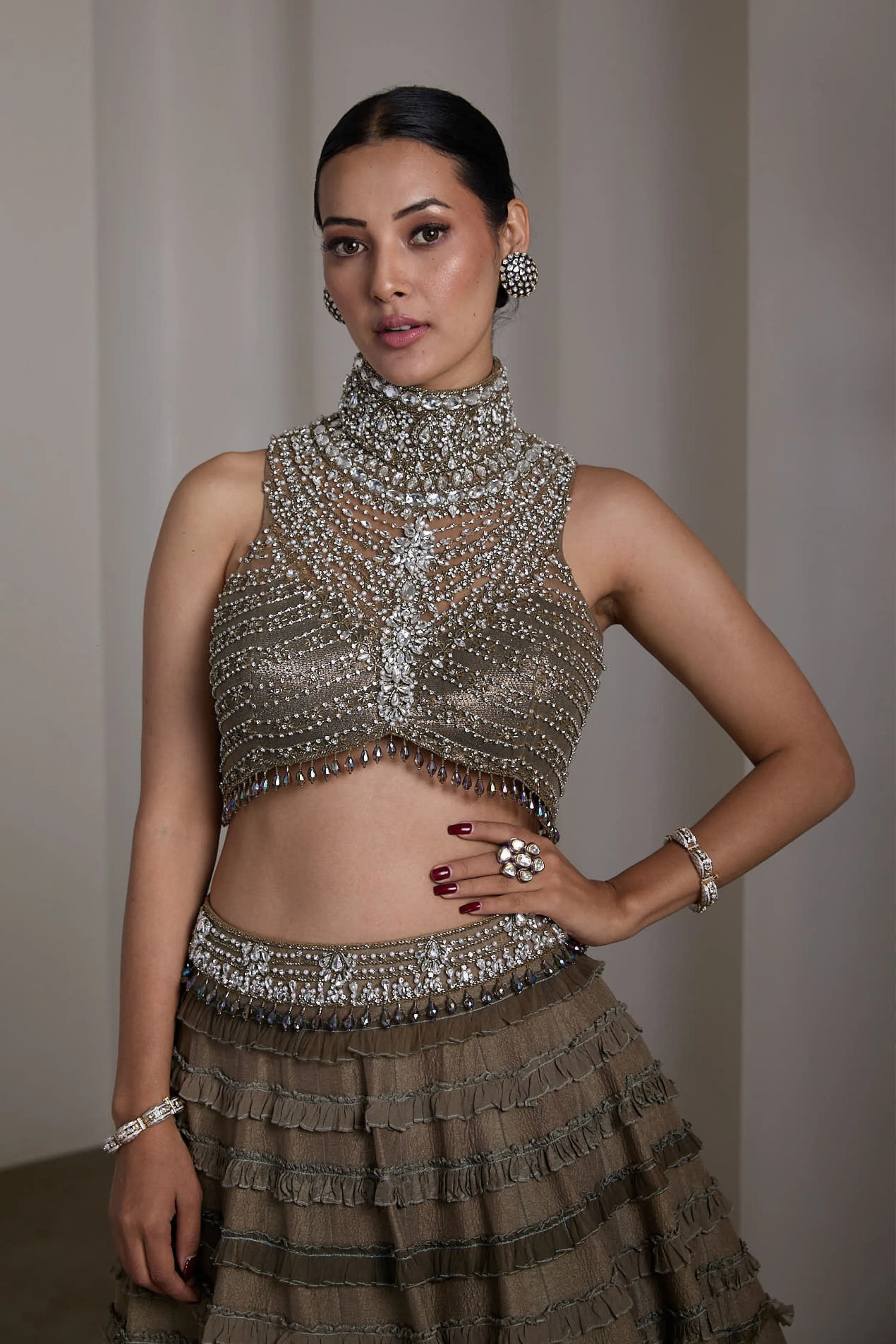 Olive Ruffle Lehenga Set