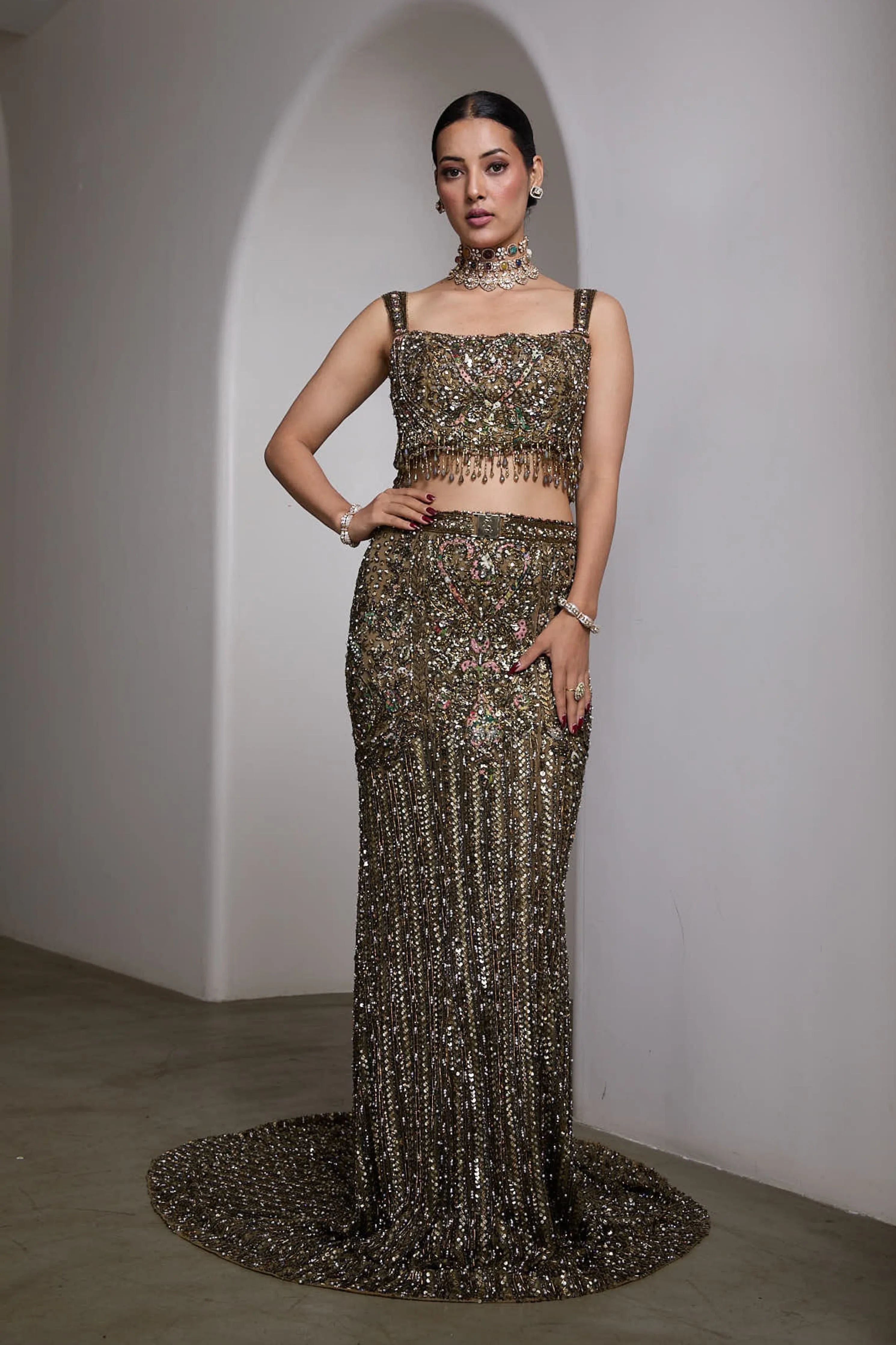 Green Fish Cut Lehenga Set