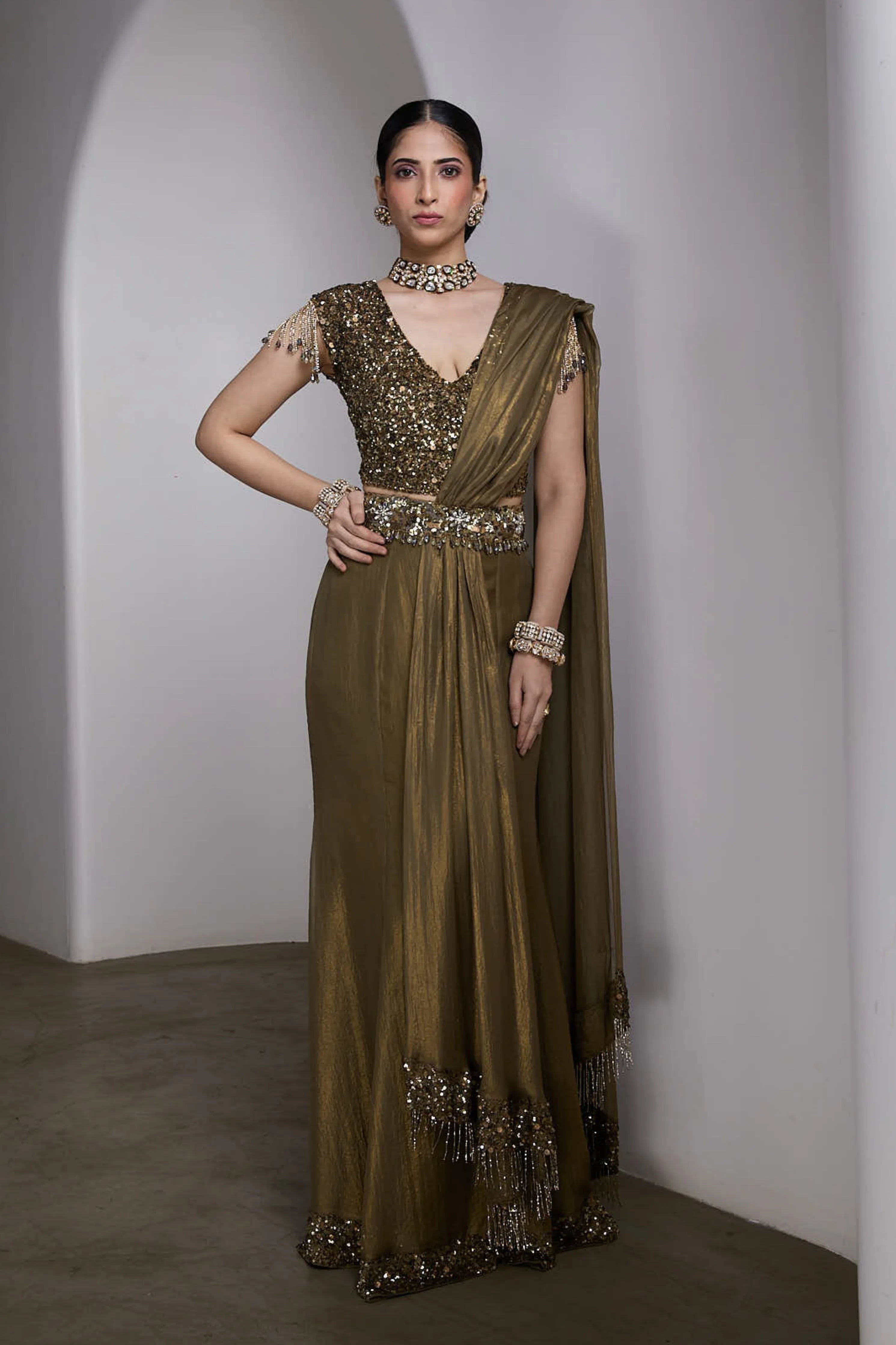 Olive-Gold Drapped Saree Set