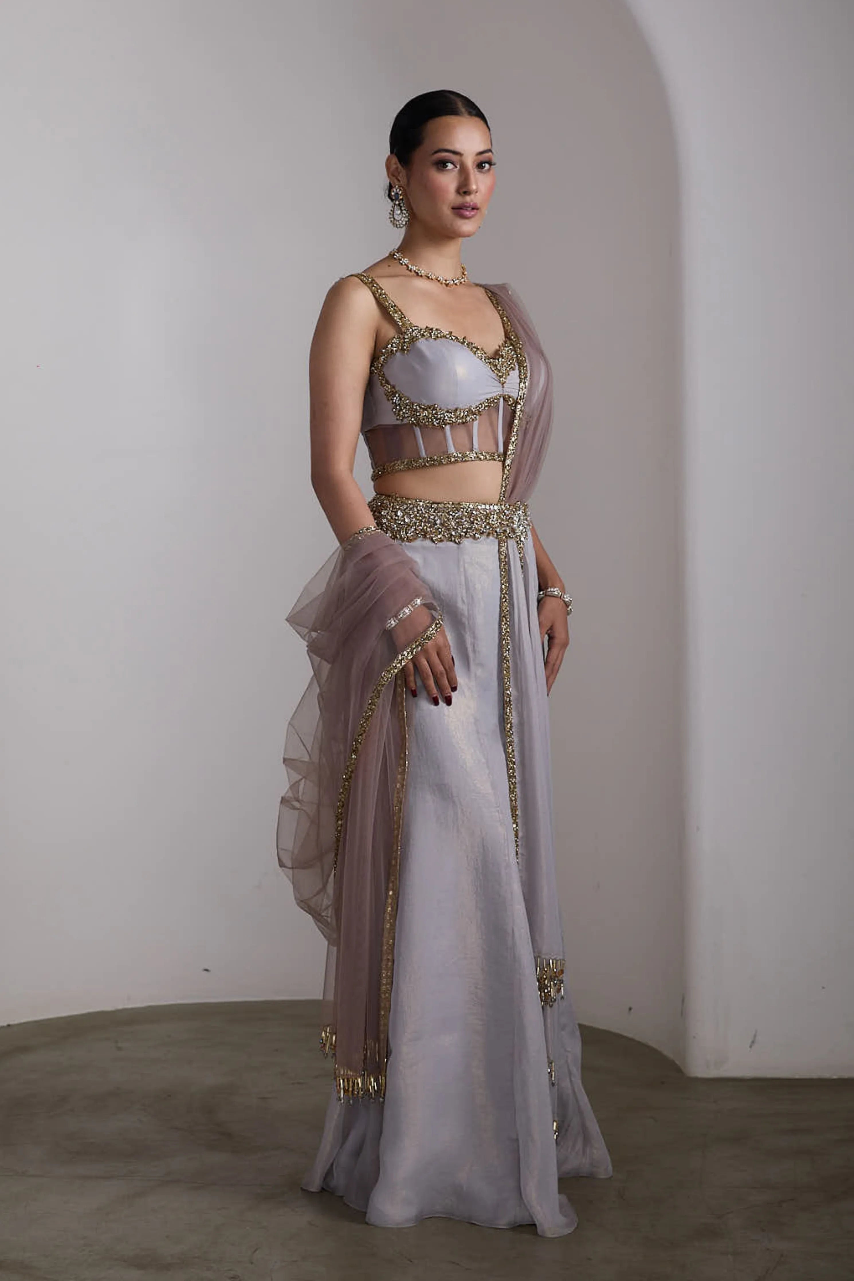Grey Corset Fit Saree Set