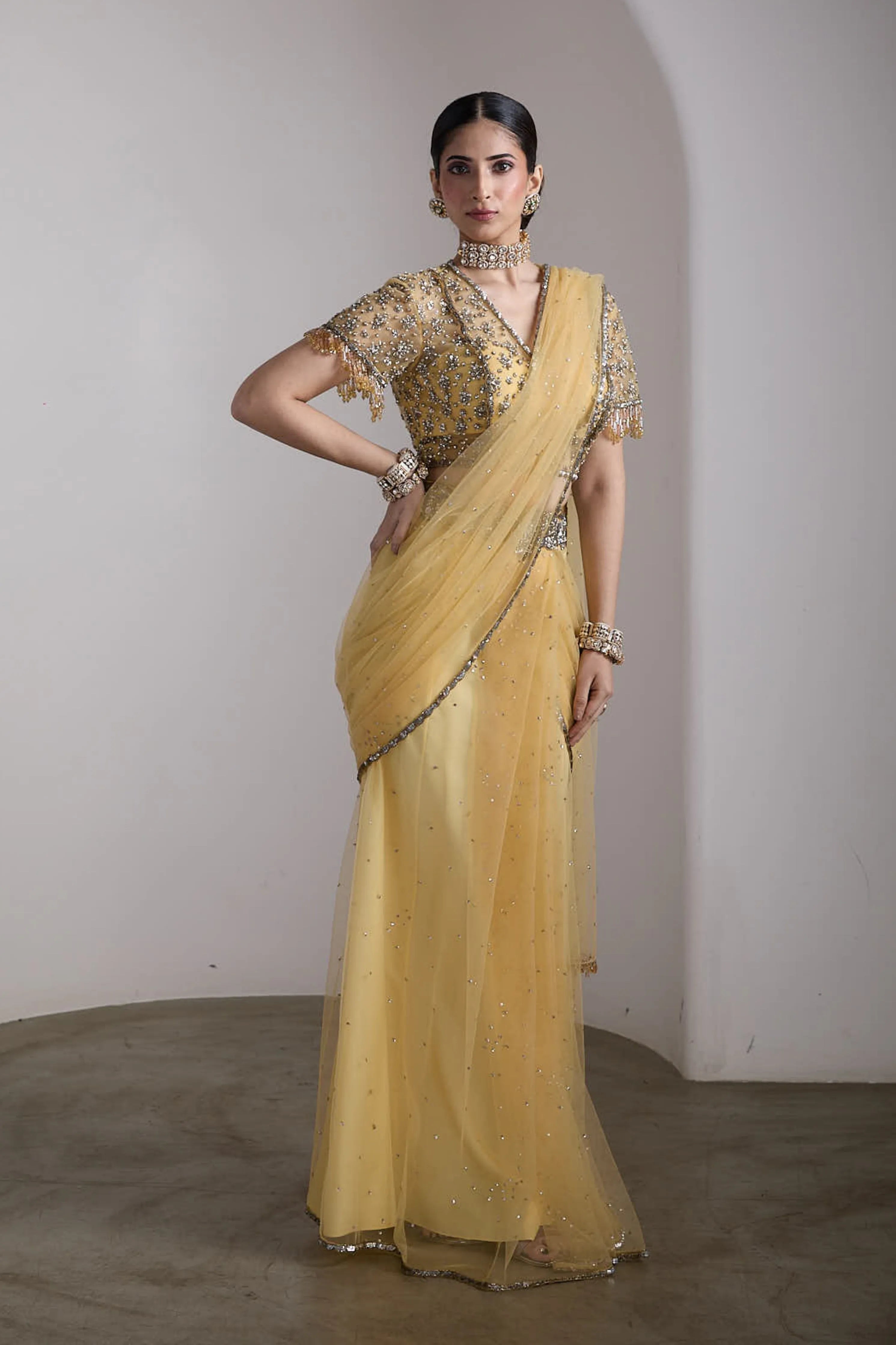 Yellow Drapped Saree Set