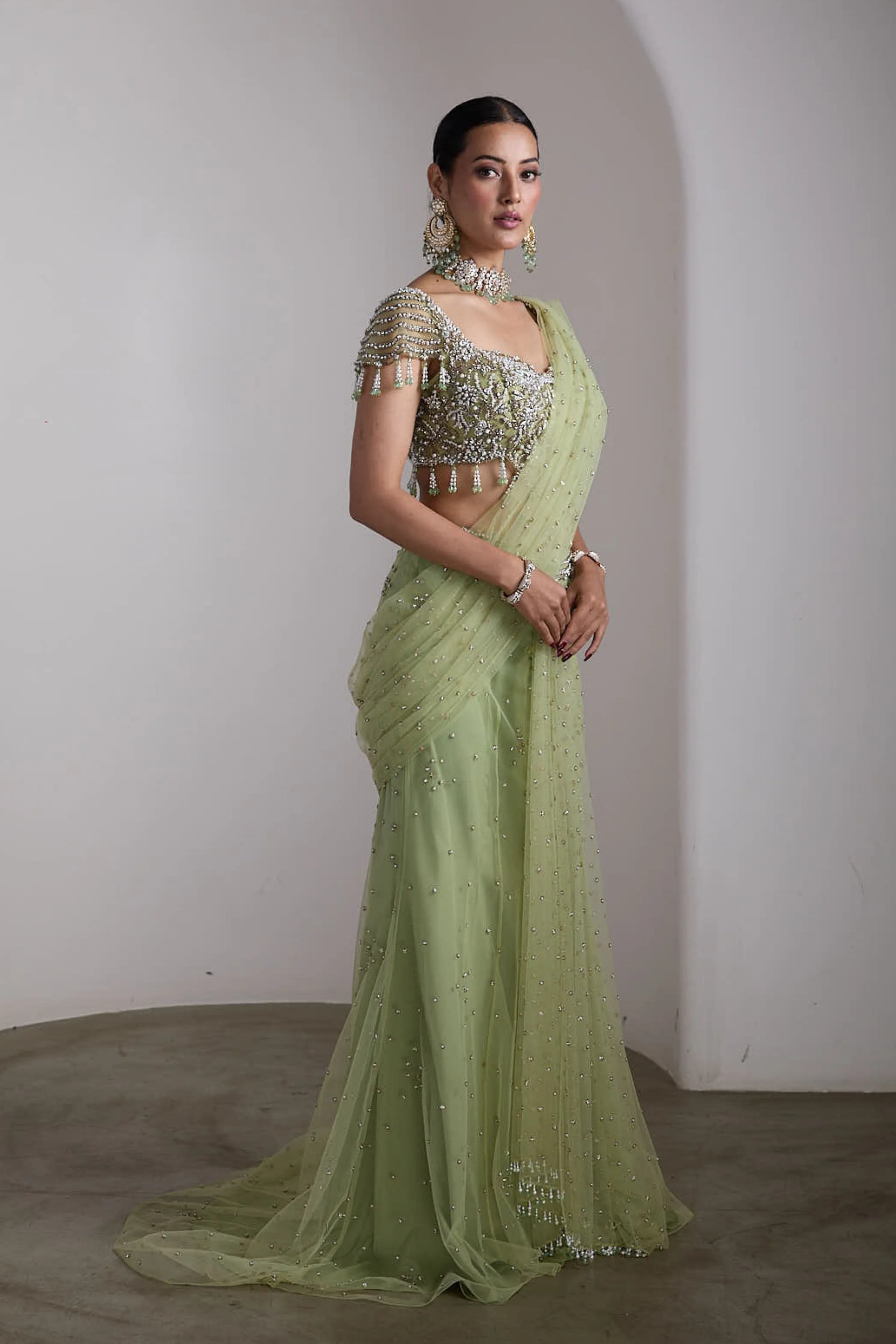 Green Drapped Saree Set