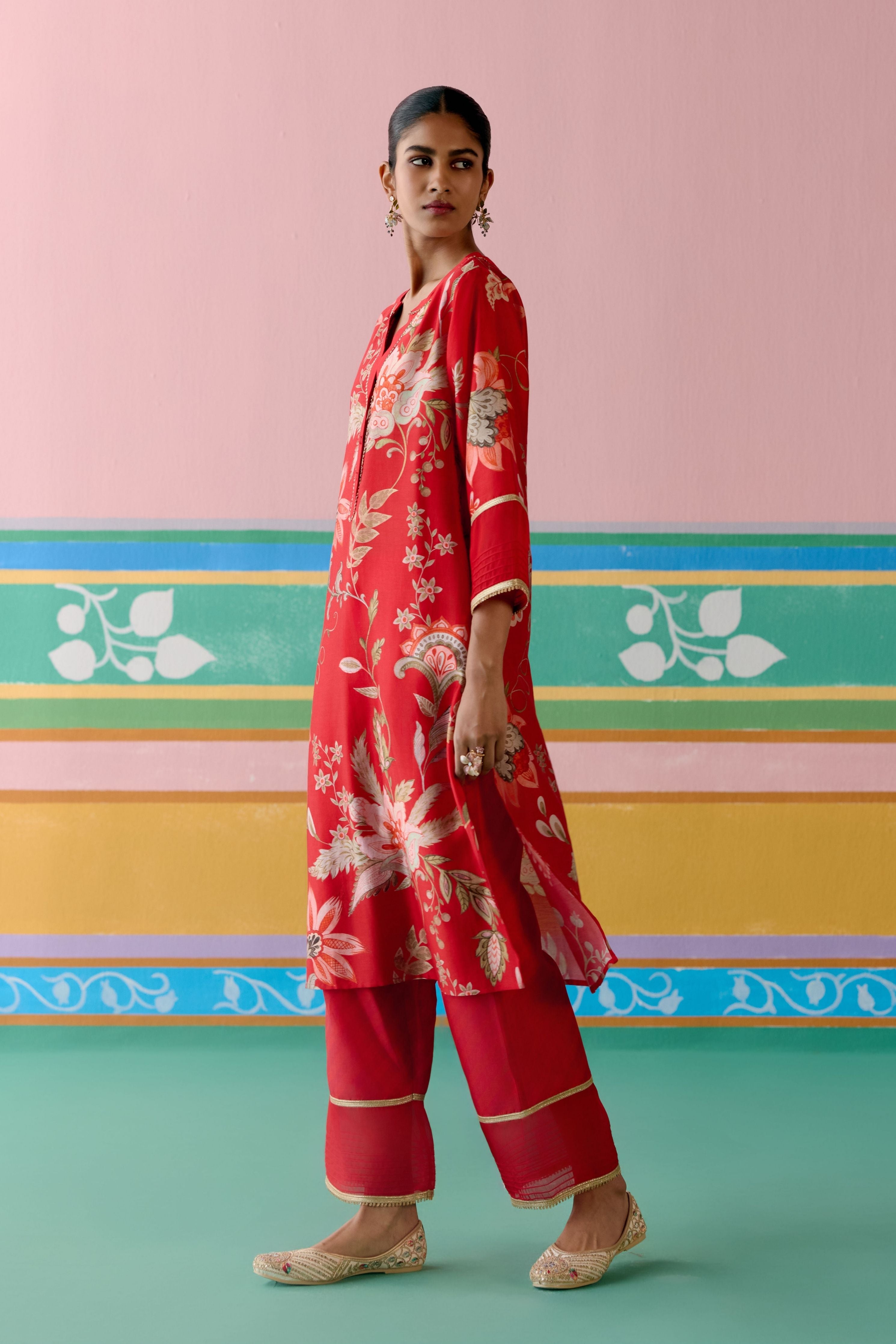 Red Chintz V-neck Kurta Set