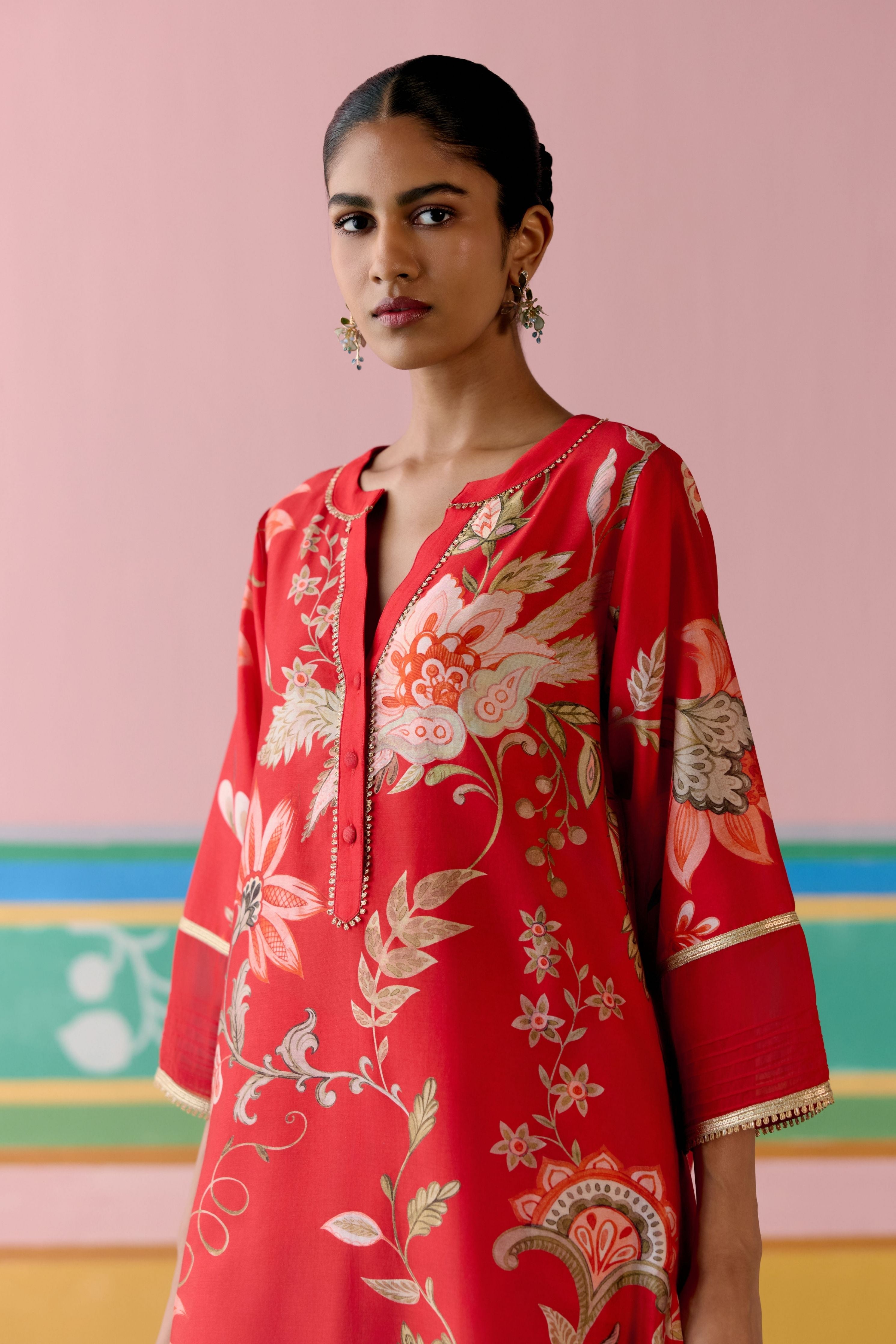 Red Chintz V-neck Kurta Set