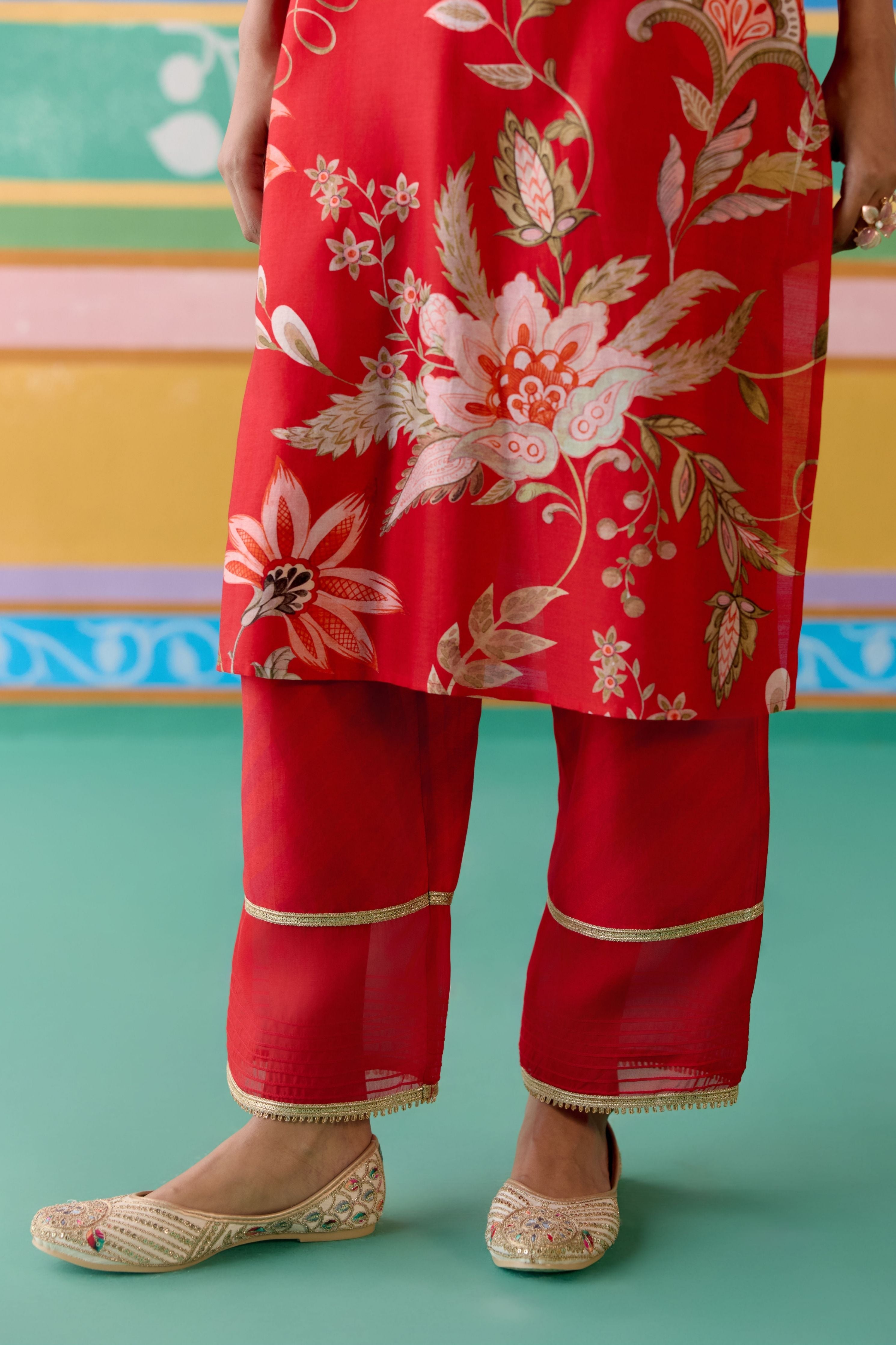 Red Chintz V-neck Kurta Set