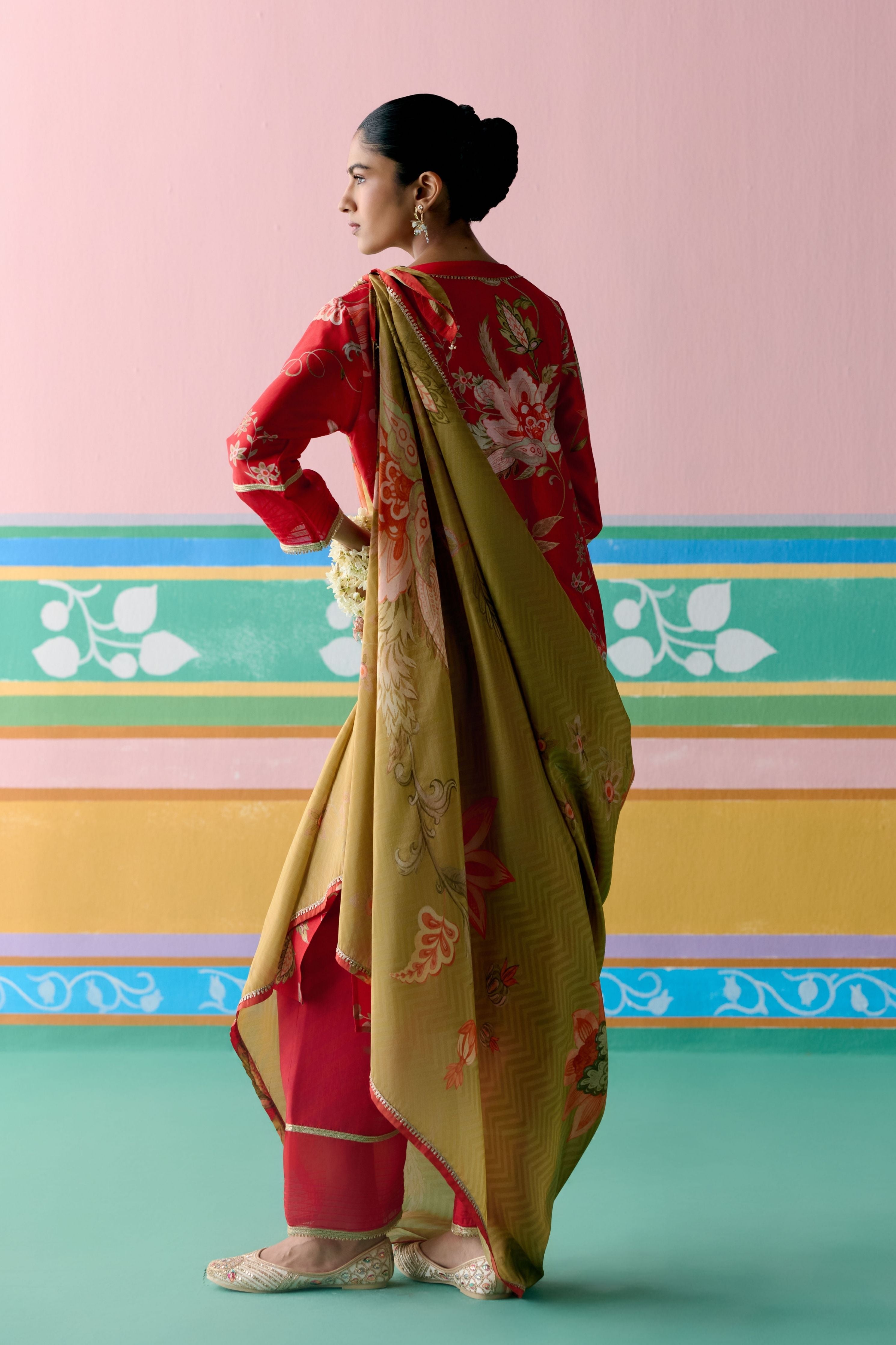 Red Chintz V-neck Kurta Set