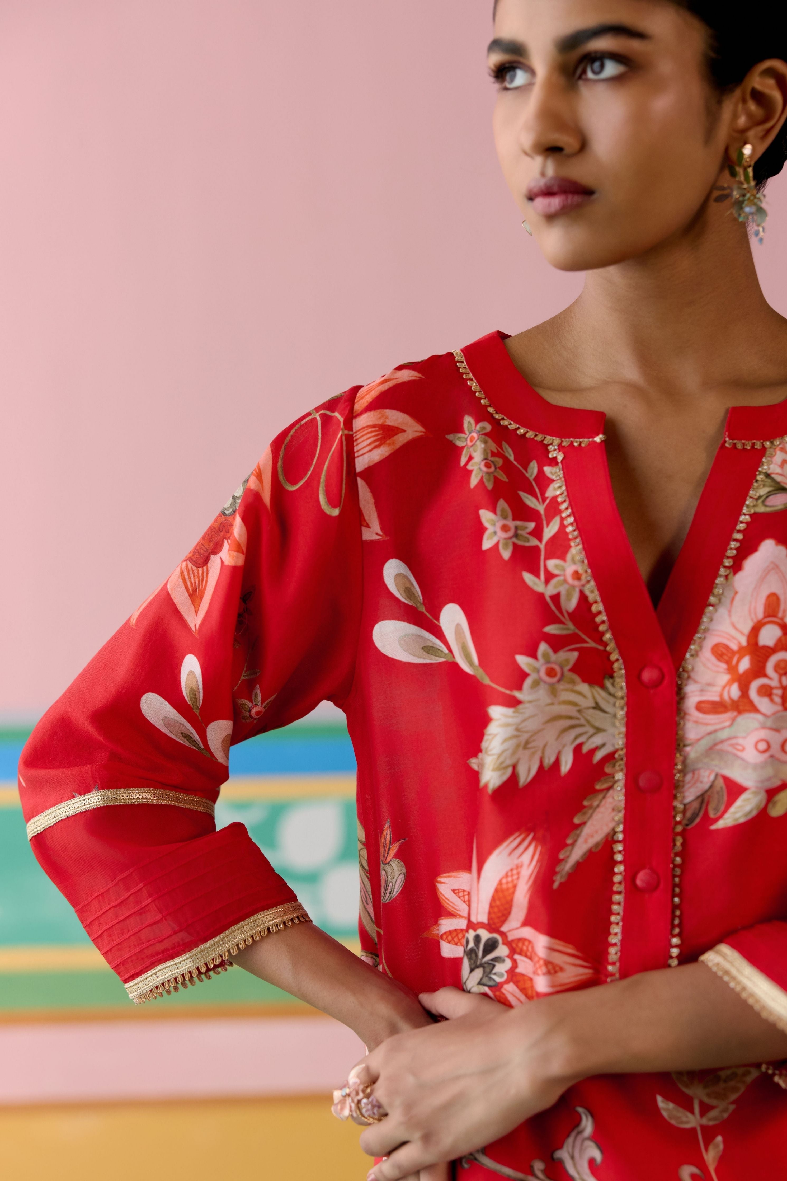 Red Chintz V-neck Kurta Set