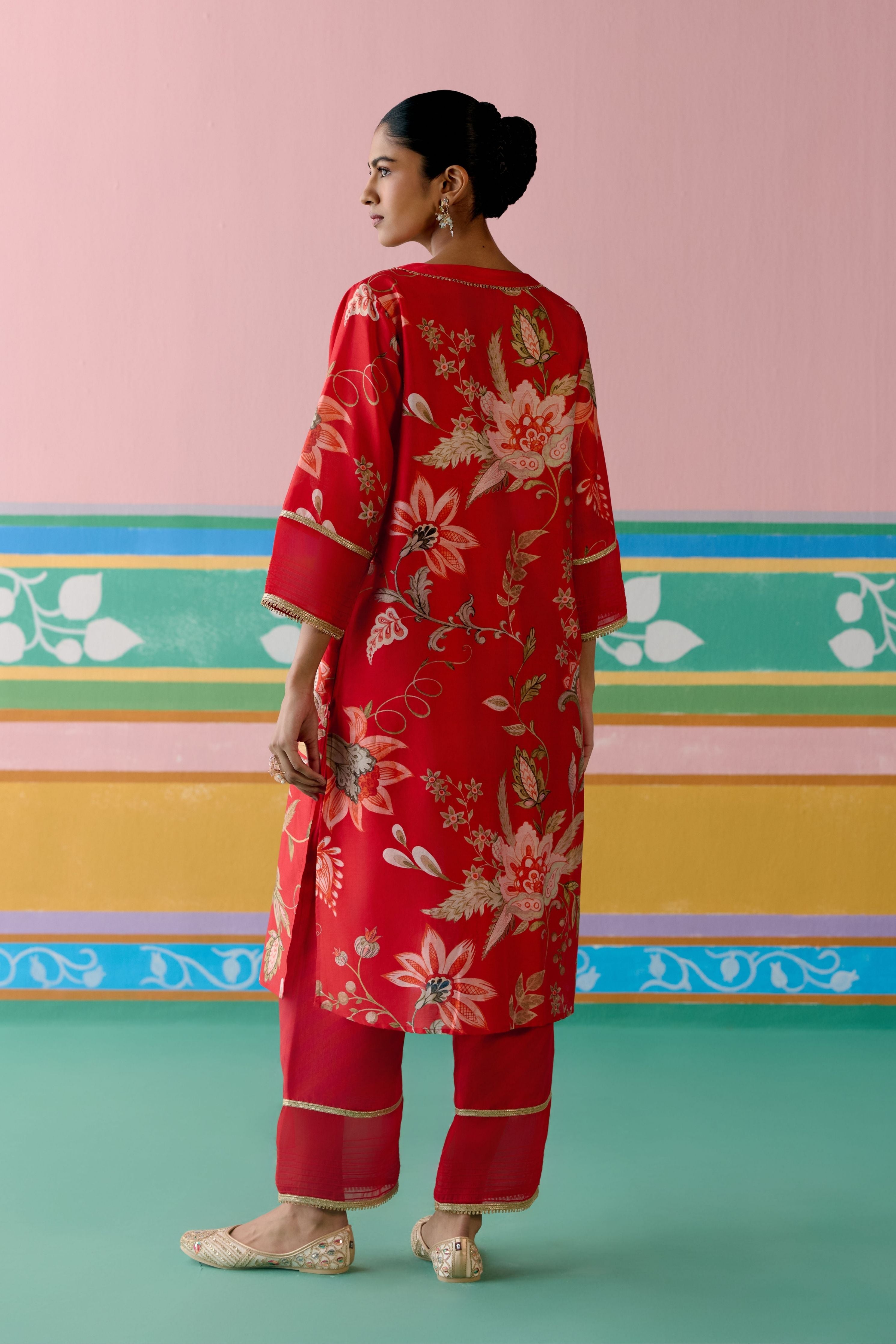 Red Chintz V-neck Kurta Set
