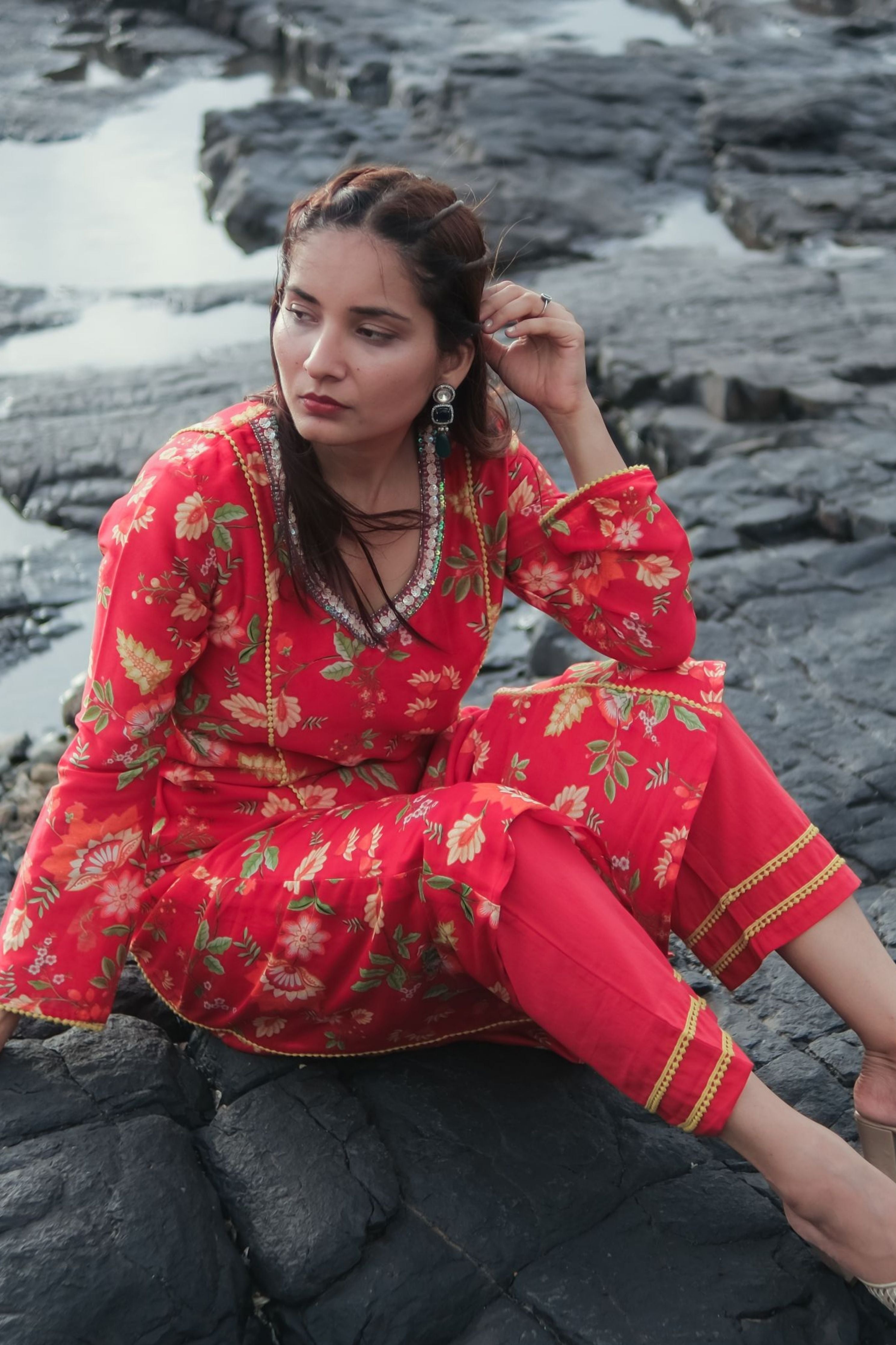 Red Rose Kurta Set
