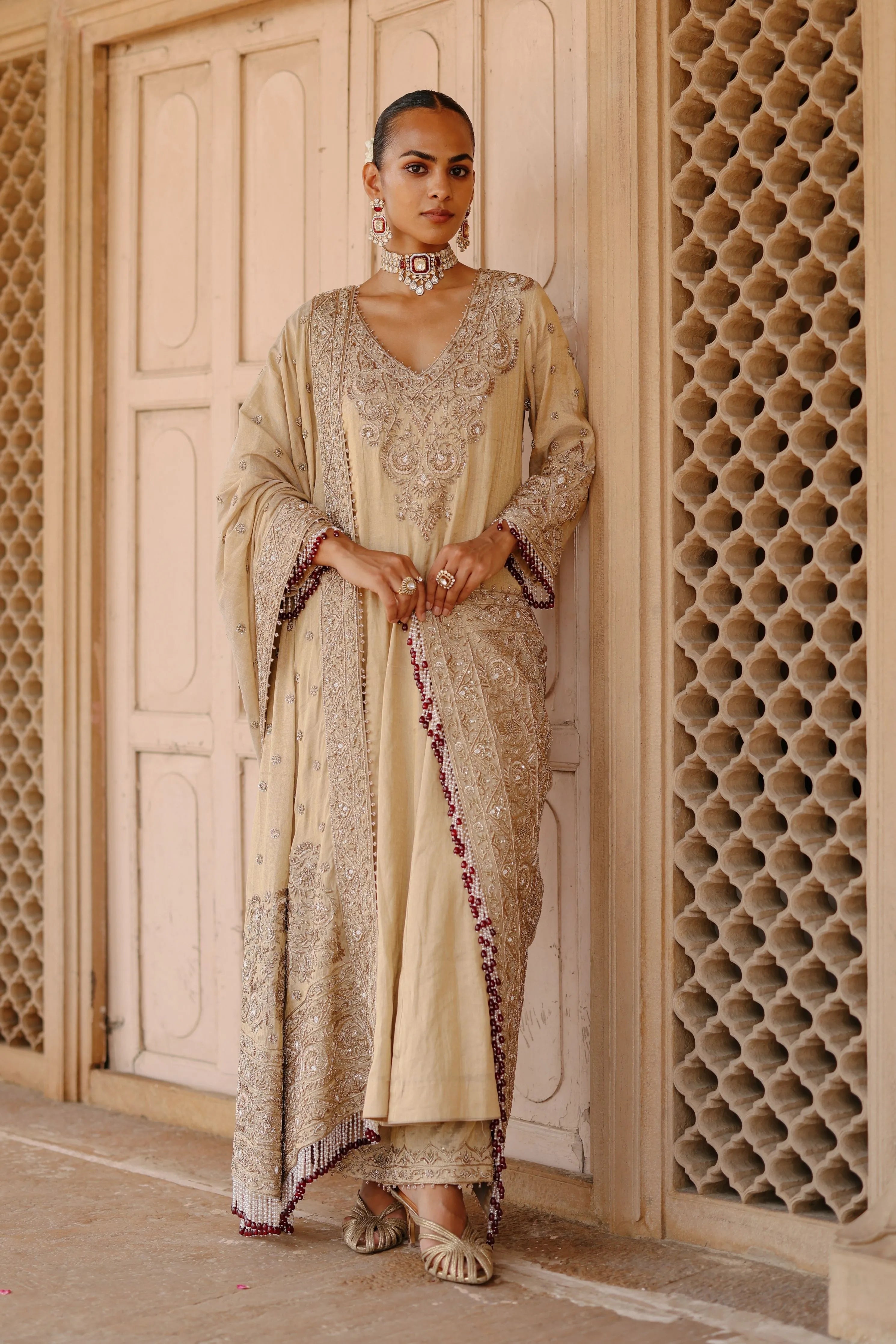 Rooh Gold Tissue Long Kalidaar Anarkali Set with Palazzo & Dupatta