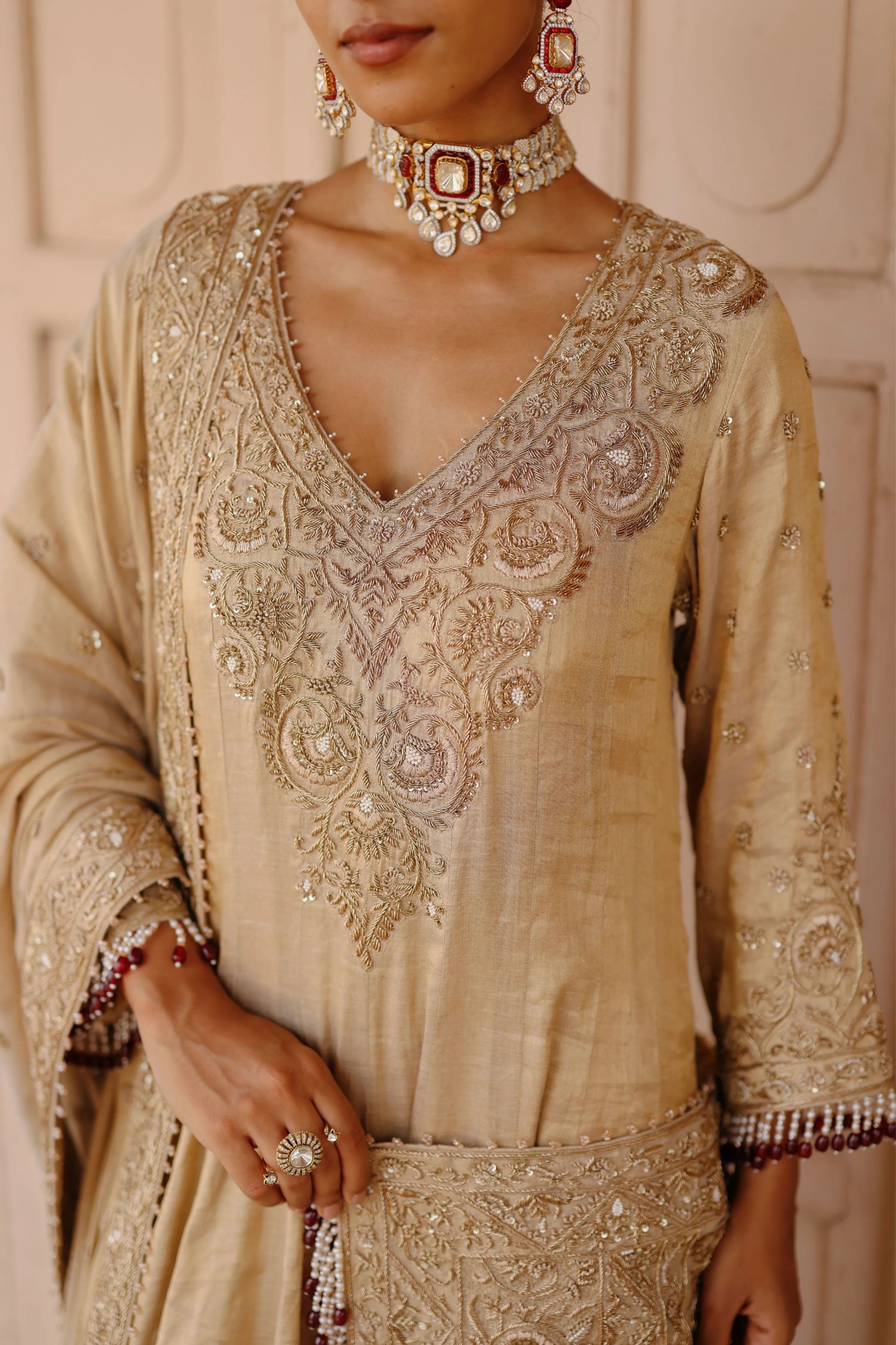 Rooh Gold Tissue Long Kalidaar Anarkali Set with Palazzo & Dupatta
