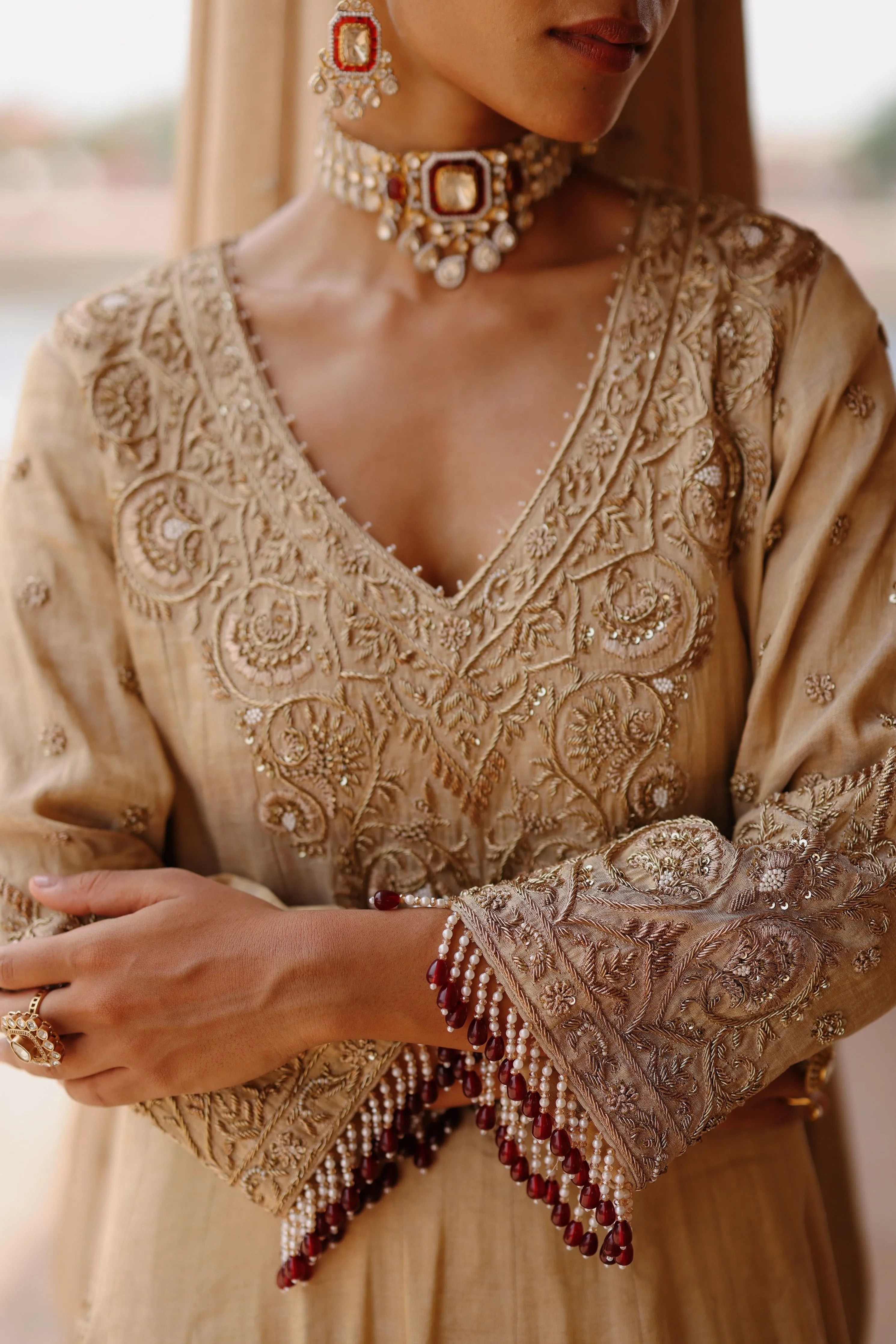 Rooh Gold Tissue Long Kalidaar Anarkali Set with Palazzo & Dupatta