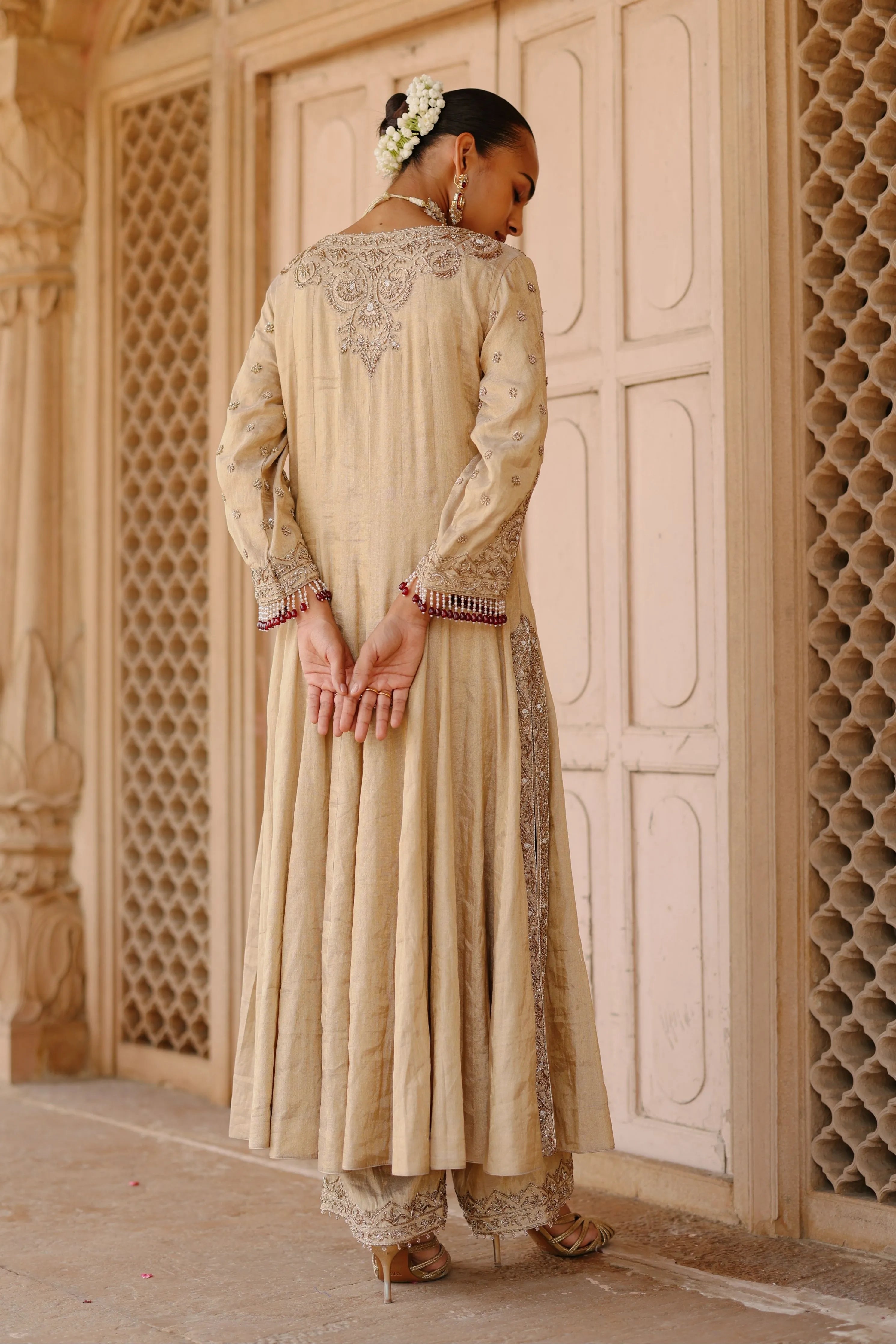 Rooh Gold Tissue Long Kalidaar Anarkali Set with Palazzo & Dupatta