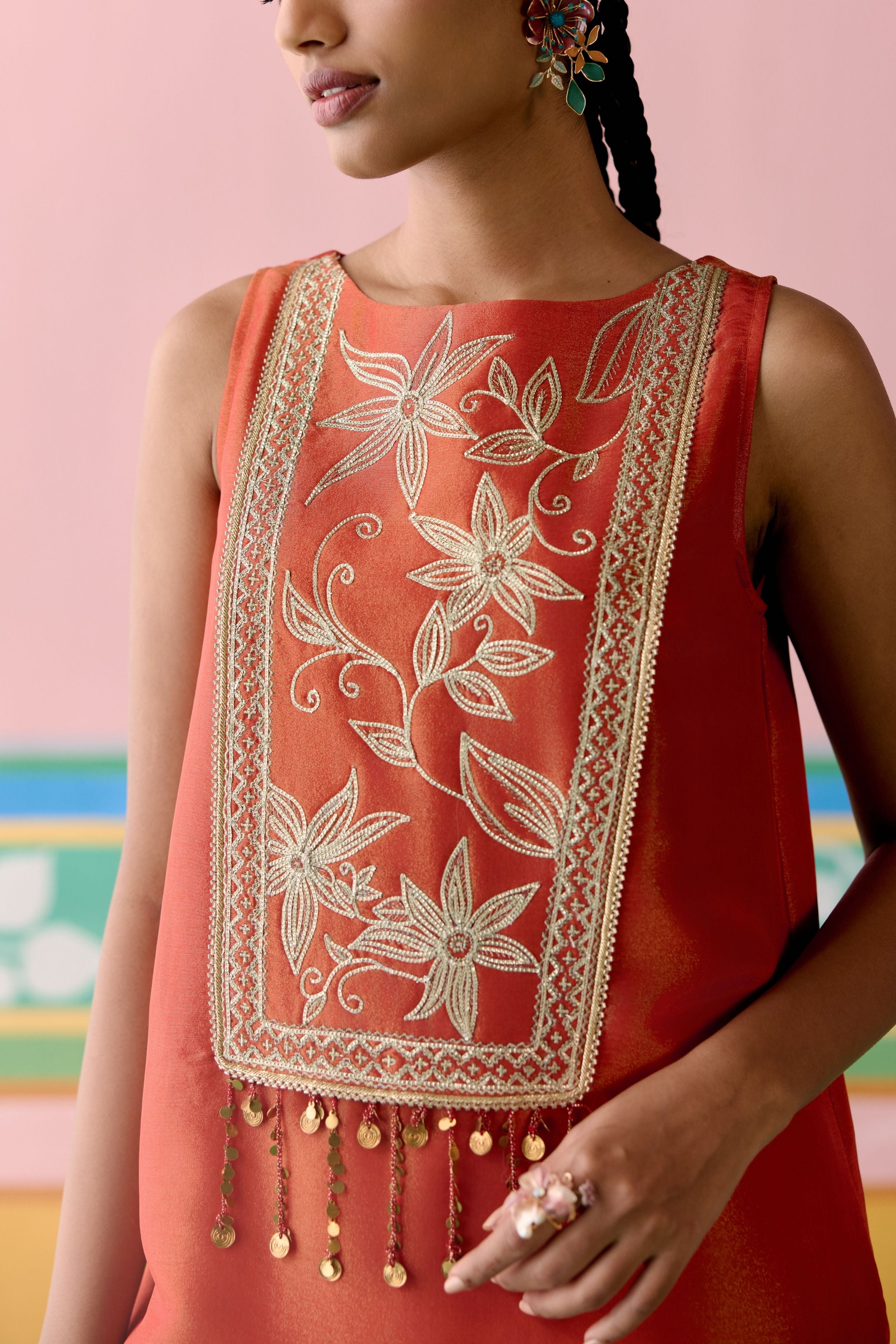 Rust Embroidered Sleeveless Kurta Set