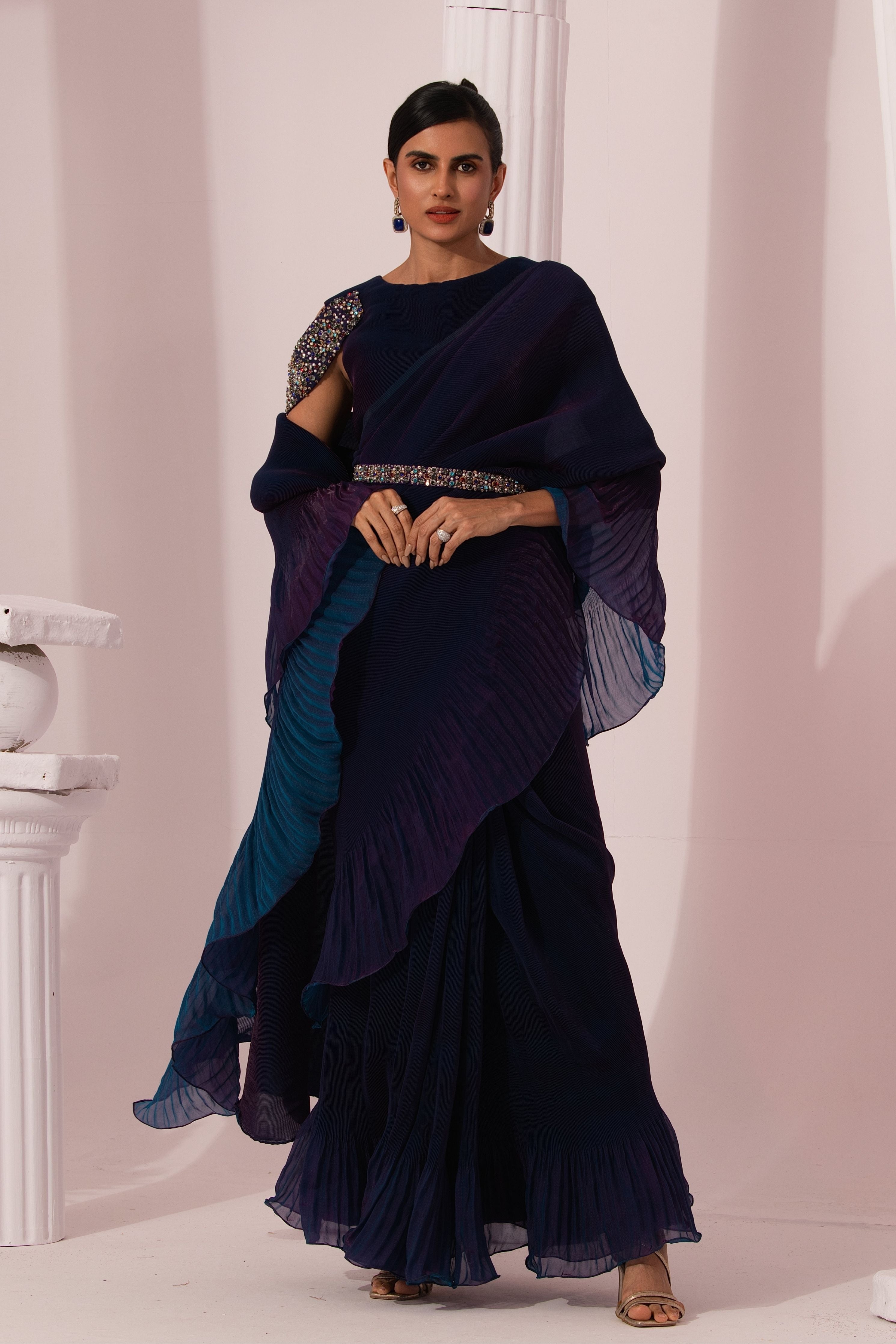 Metalic Peacock Blue Pre-Draped Saree
