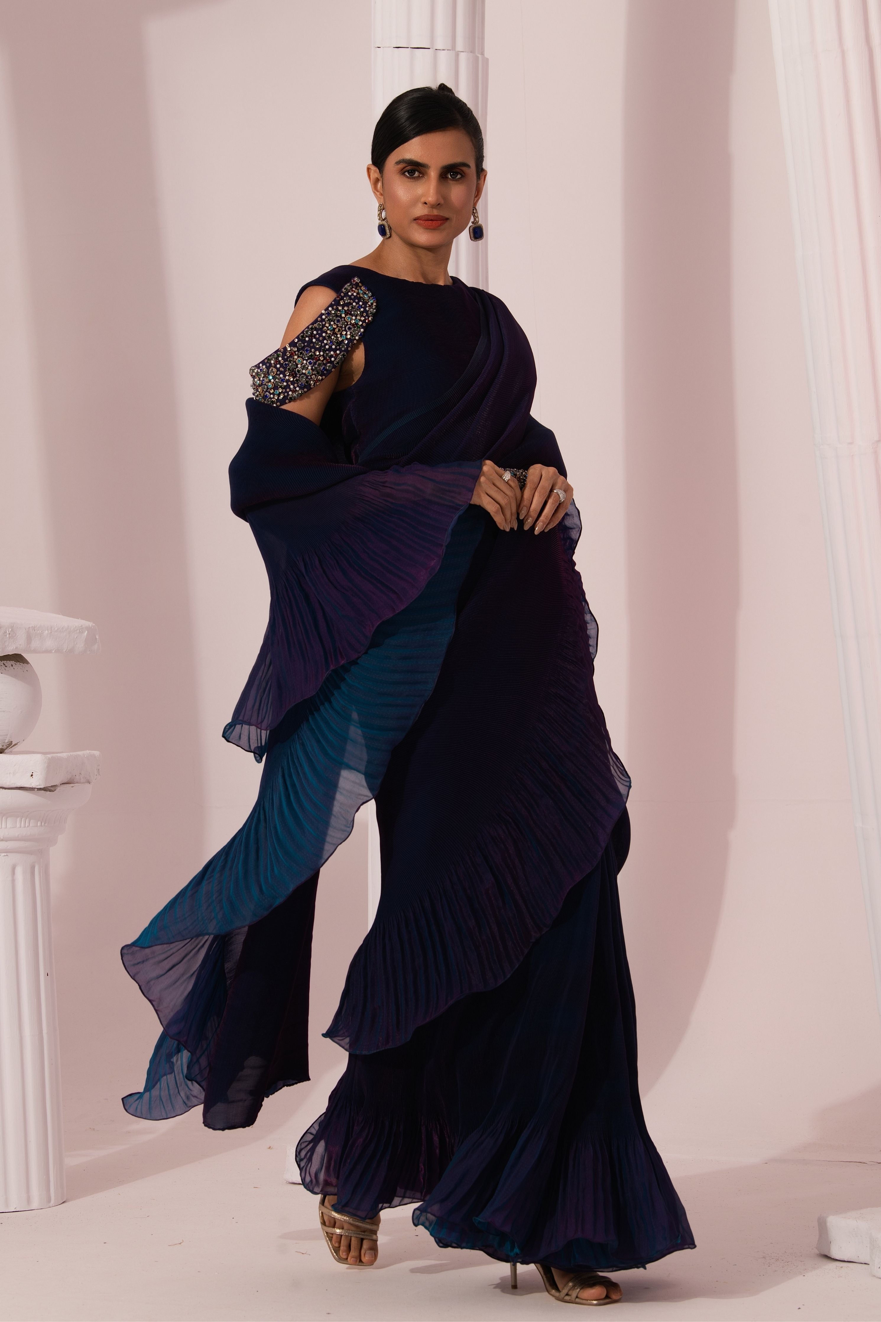 Metalic Peacock Blue Pre-Draped Saree