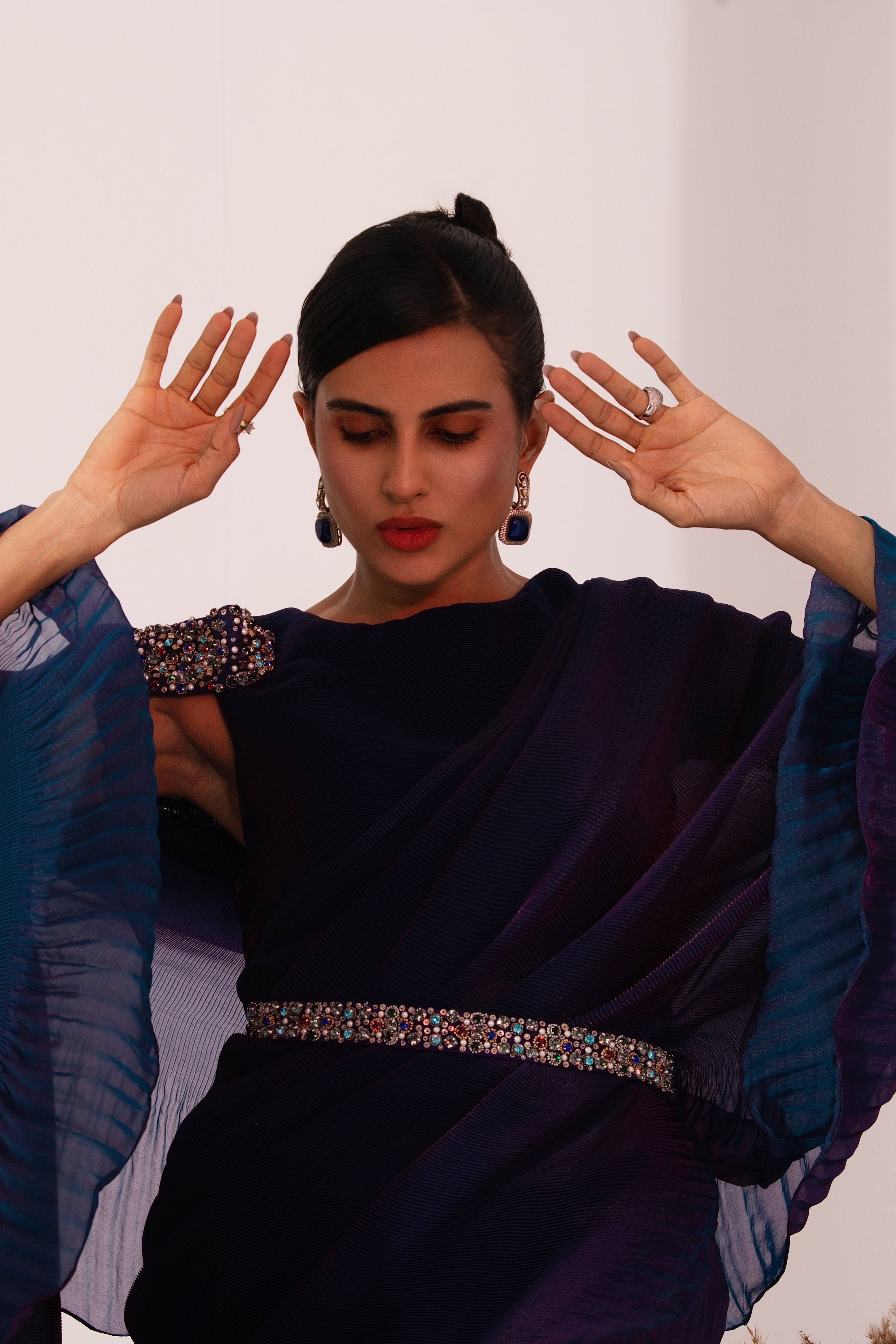 Metalic Peacock Blue Pre-Draped Saree