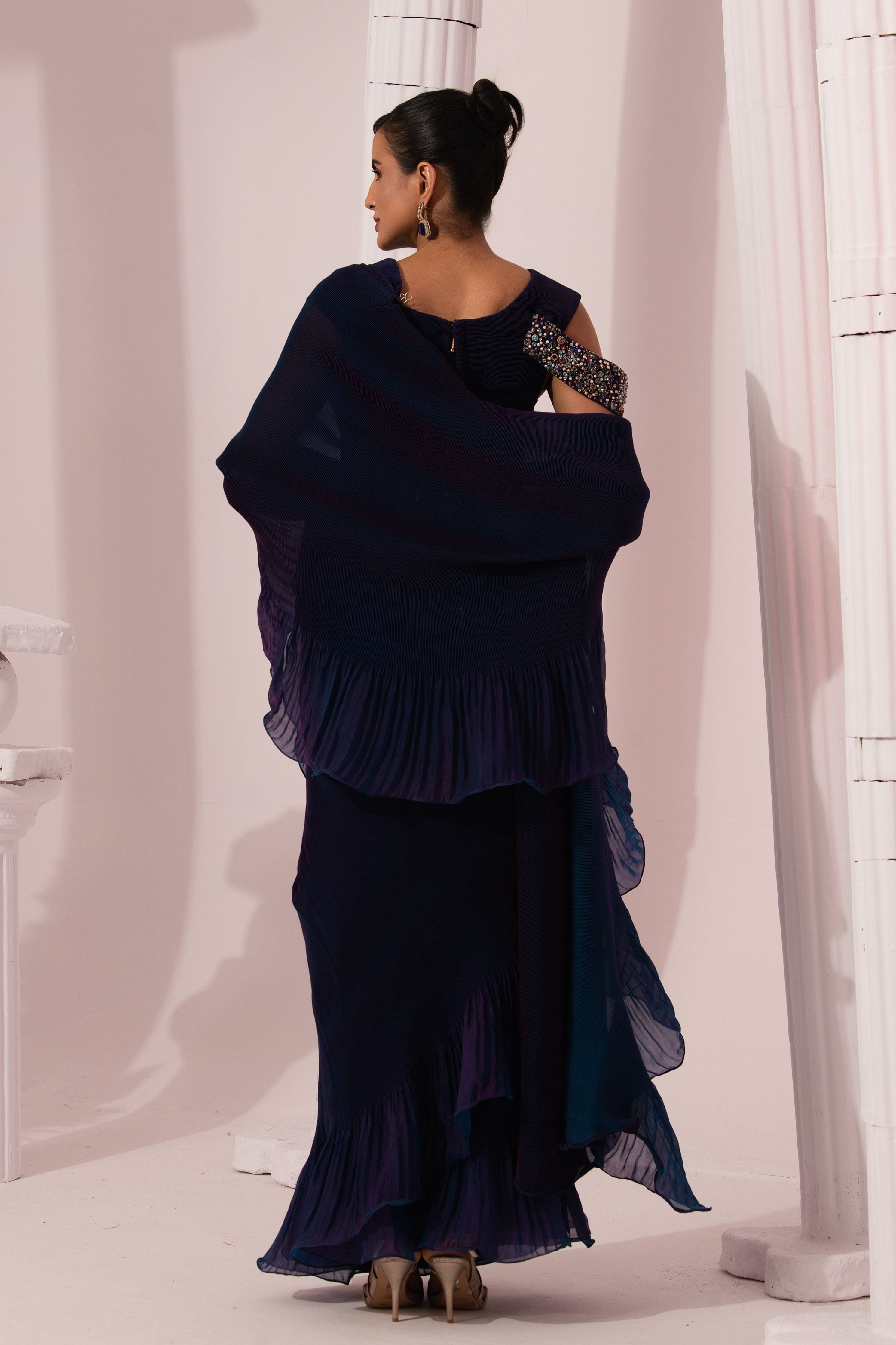 Metalic Peacock Blue Pre-Draped Saree