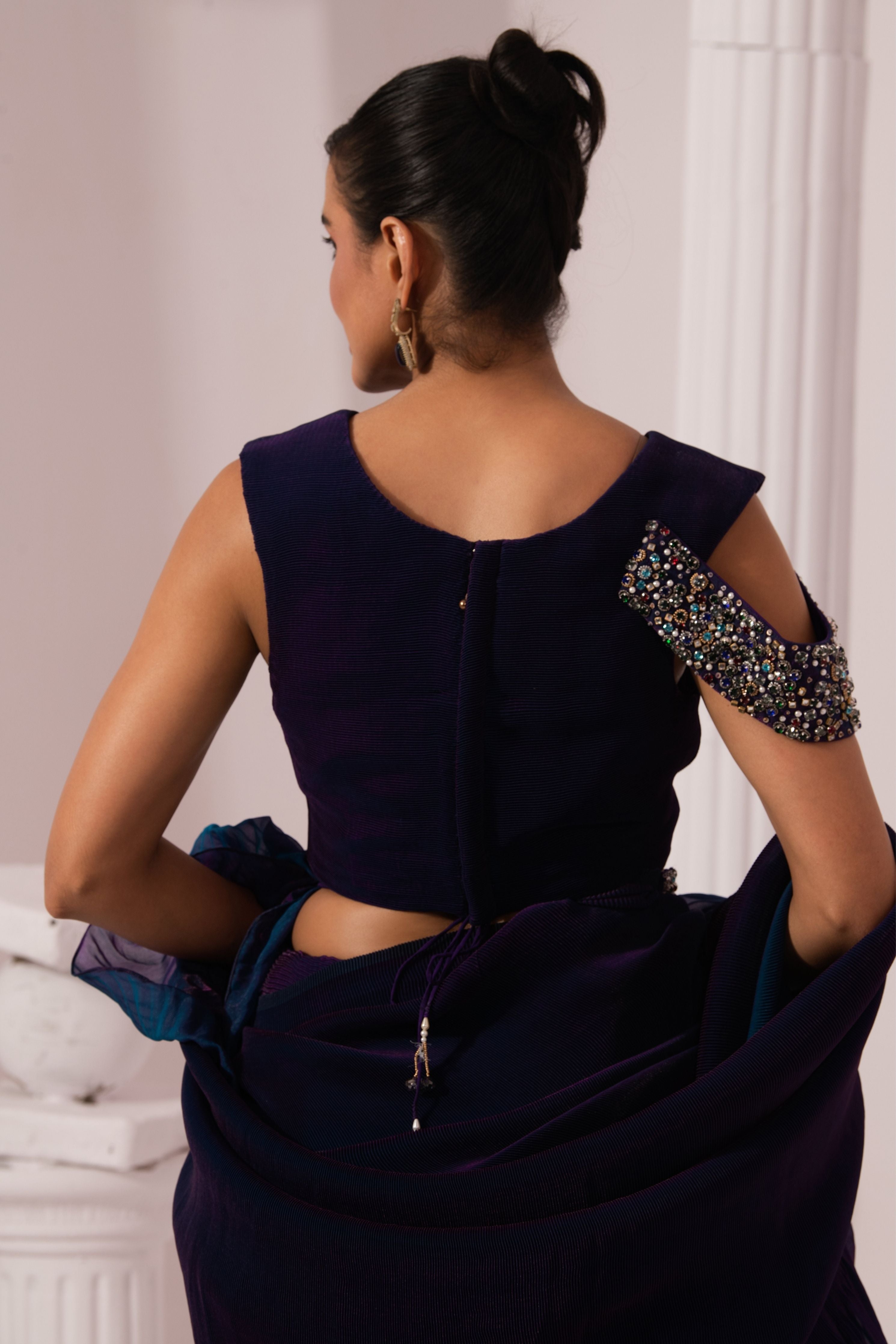 Metalic Peacock Blue Pre-Draped Saree