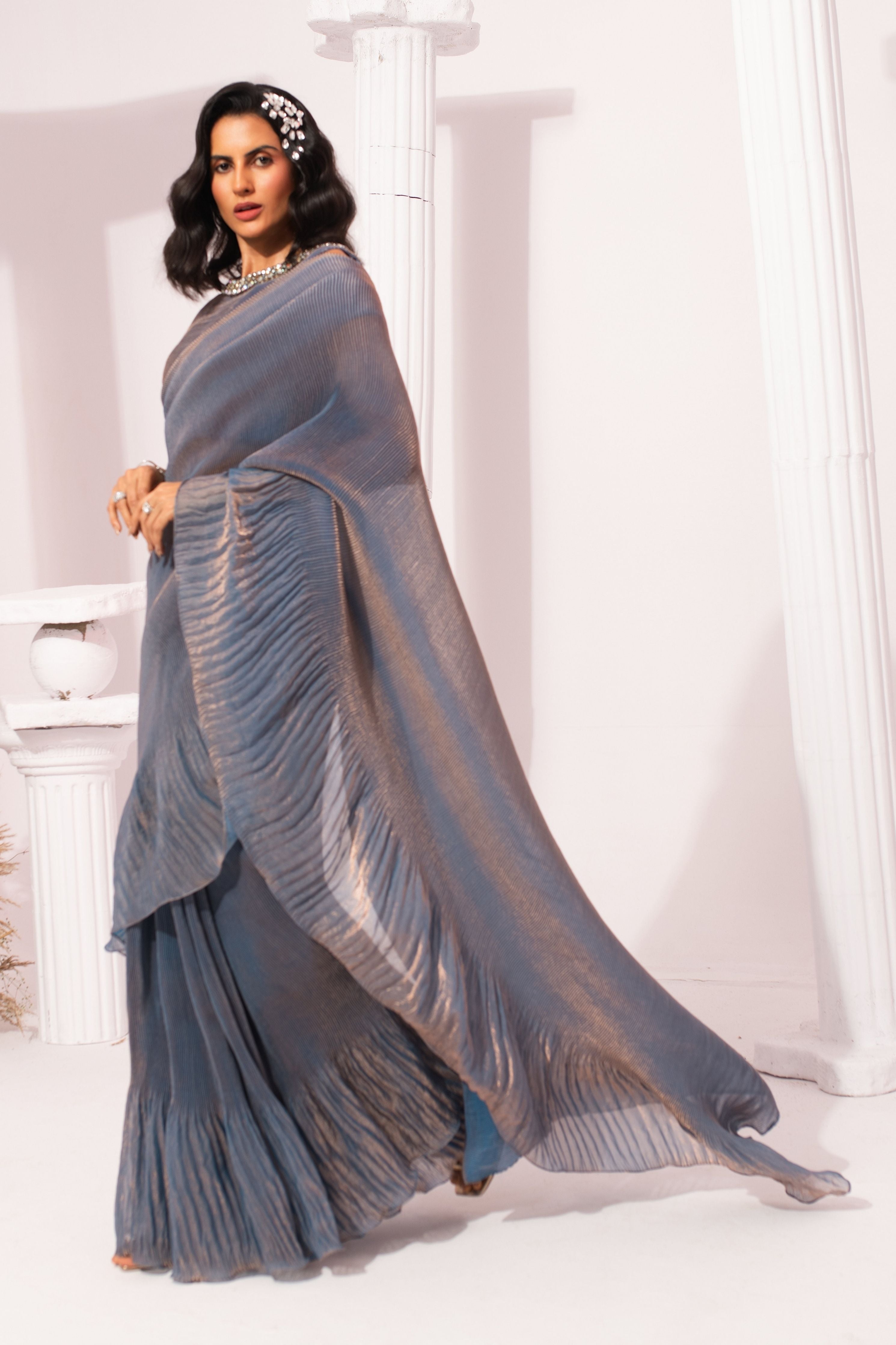 Metalic Steel Blue Pre-Draped Saree